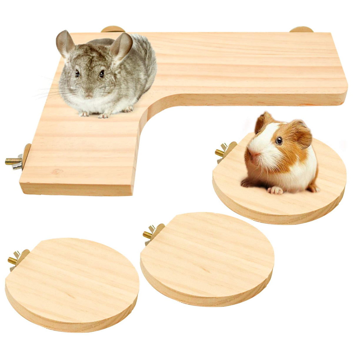 Squirrel Gerbil Chinchilla And Dwarf Hamster L-Shaped Pedal Wooden Platform, 3 Pieces Of Natural Wooden Parrot Hamster Round Standing Board, Rat Activity Chinchilla Bird Cage Accessories (Style-1)