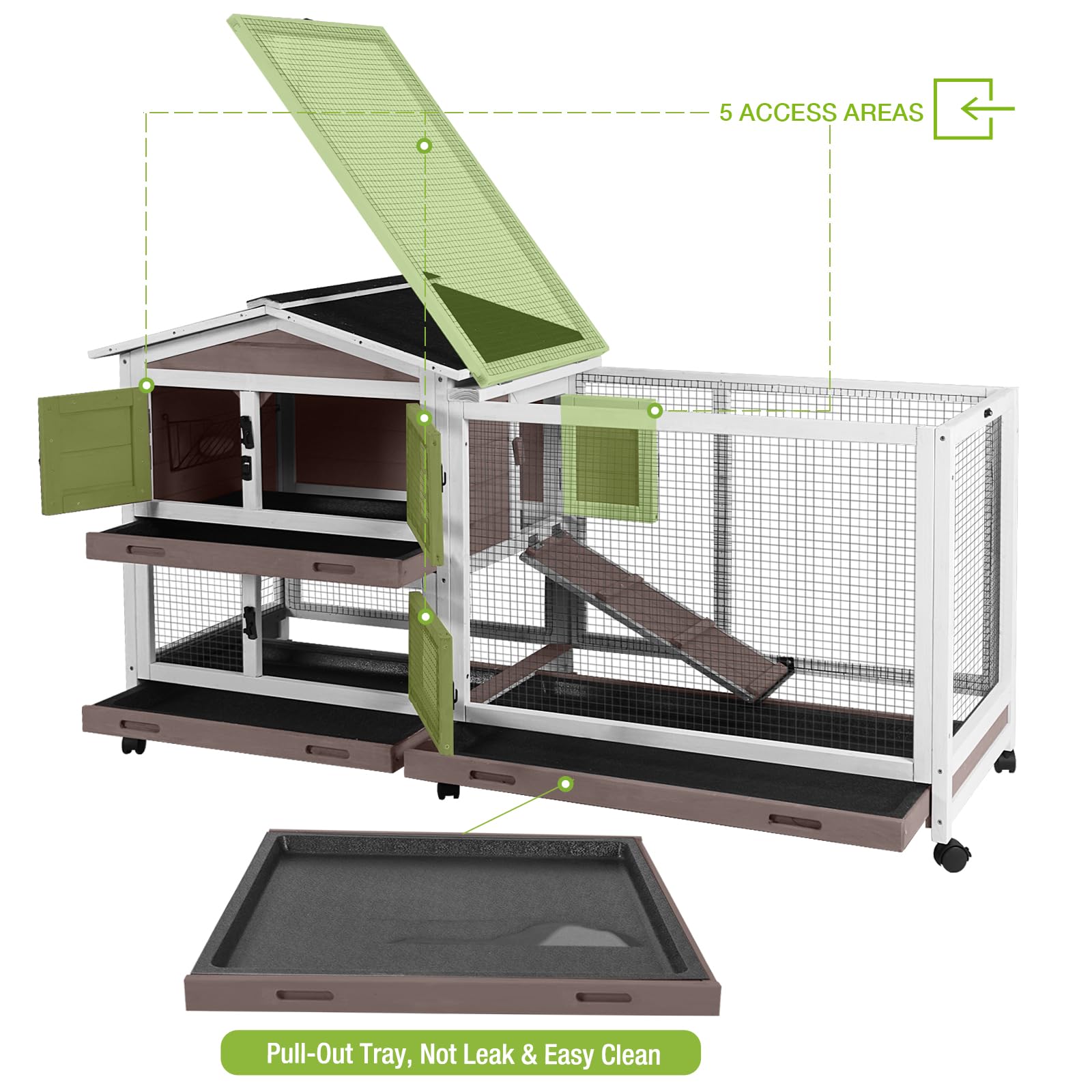 Outdoor Rabbit Hutch Indoor Bunny On Wheels Large Guinea Pig Cage With Run For Any Small Animals,Removable Pull Out Tray White