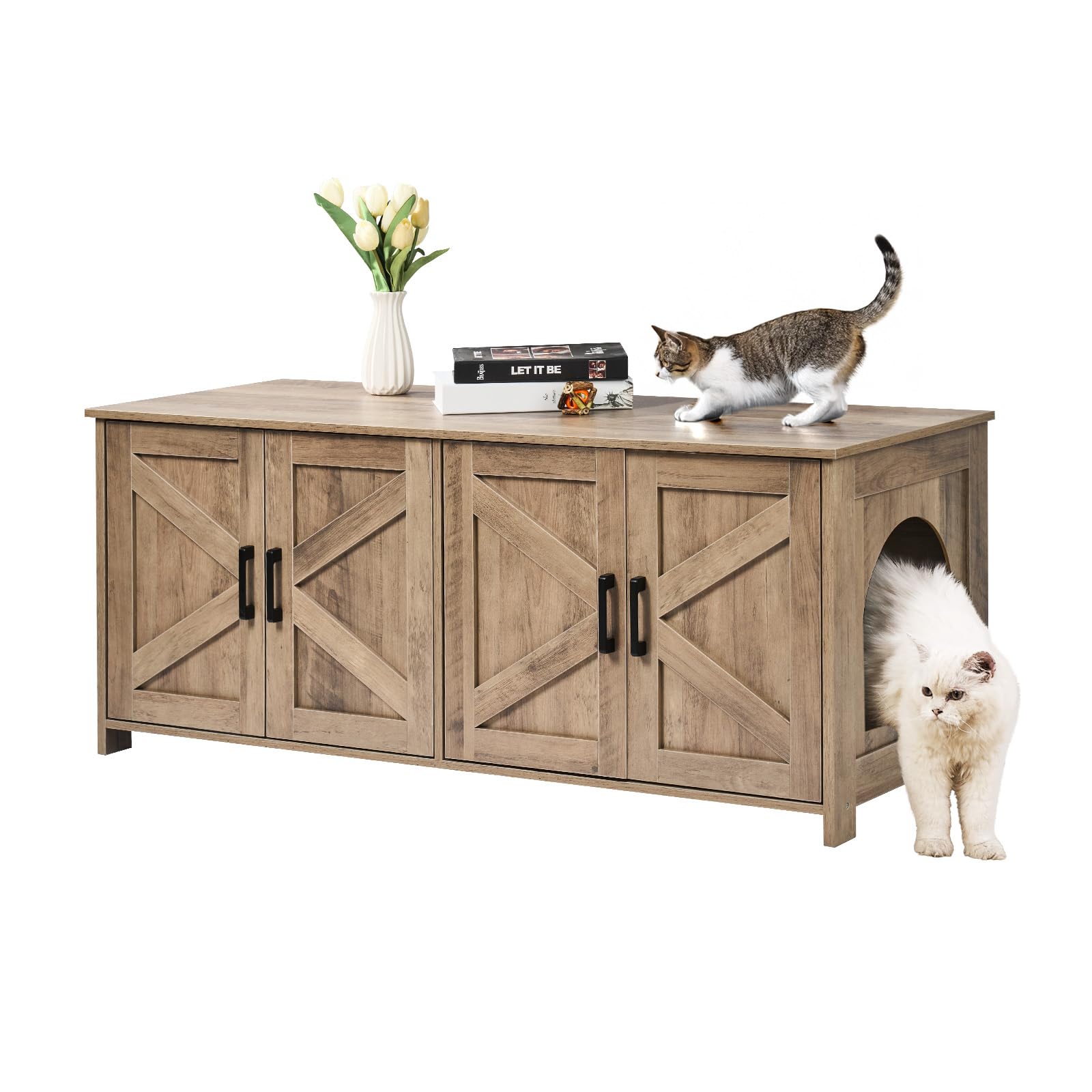 Vevor Cat Litter Box Enclosure For 2 Cats, Litter Box Furniture Hidden With Double Rooms, Wooden Cat Box Cabinet Fit Most Of Litter Box, 47.2' L X 18.5' W X 19.7' H, Greige