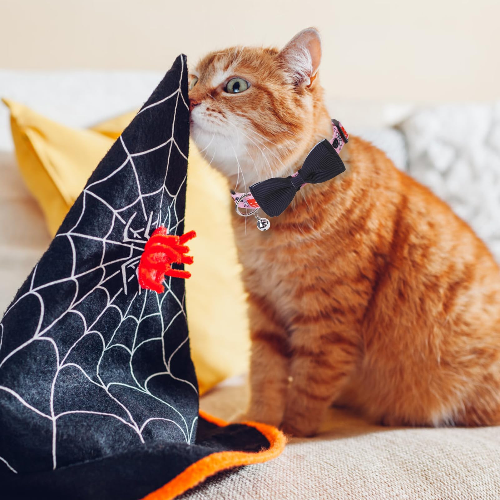 Pupteck Halloween Bowtie Dog Collar With Bell 2 Packs, Adjustable Breakaway Puppy Collar, Sweet Gift For Small Dogs Cats Pets, 11.8-15.7 In