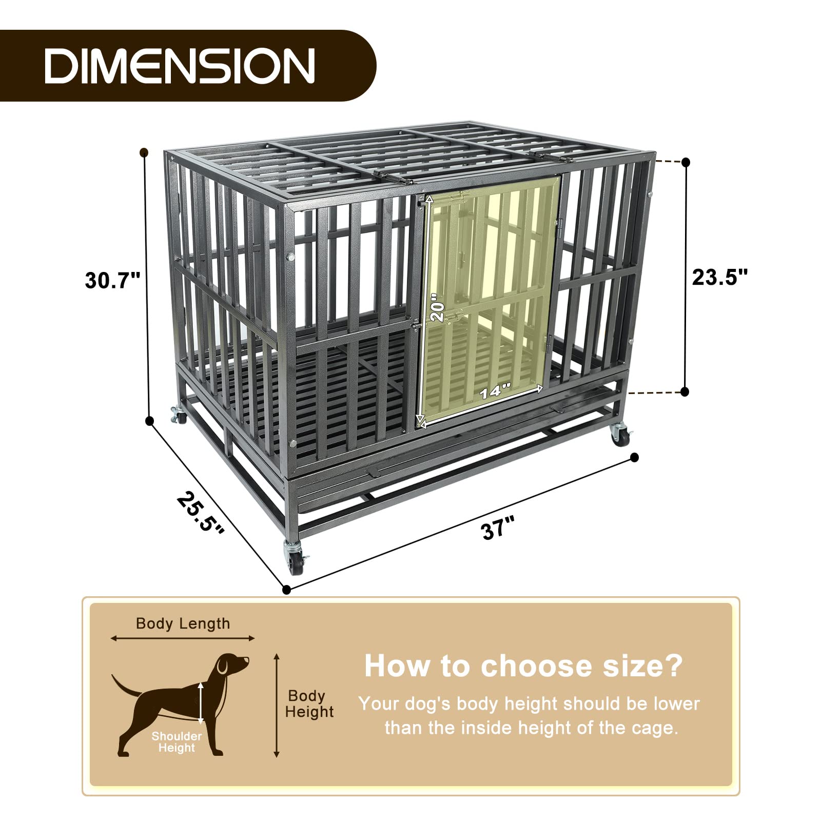 Confote 37 Inch Heavy Duty Dog Crate Metal Cage Kennel, High Anxiety Pet Cage With Lockable Wheels & Double Doors For Small Dogs