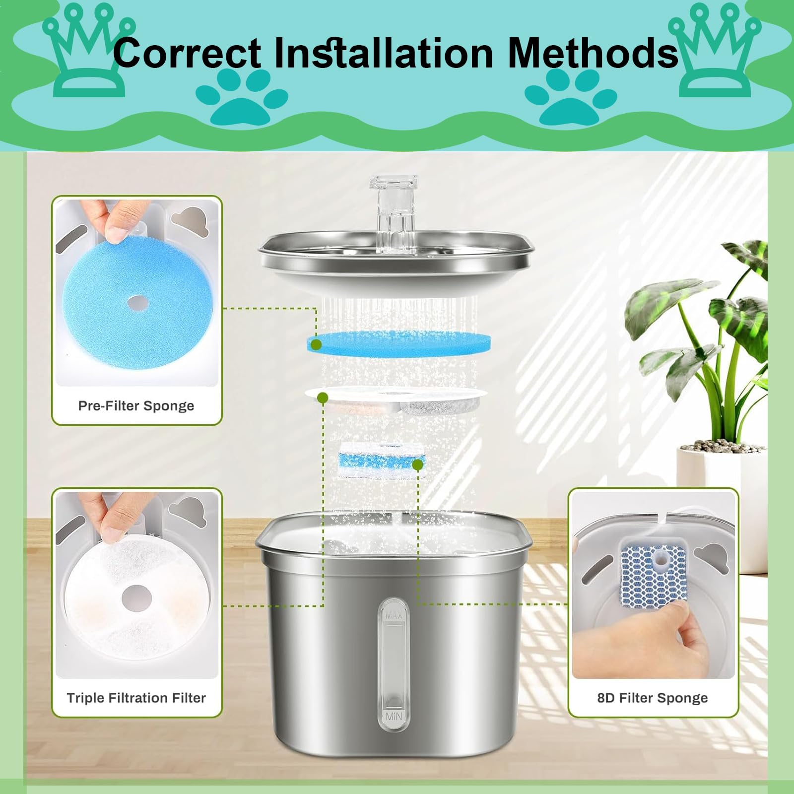 Cat Water Fountain Filter,Cat Fountain Filters Replacement For Square 2.2L/73Oz Stainless Steel Pet Water Fountain,5 Pack Pet Fo