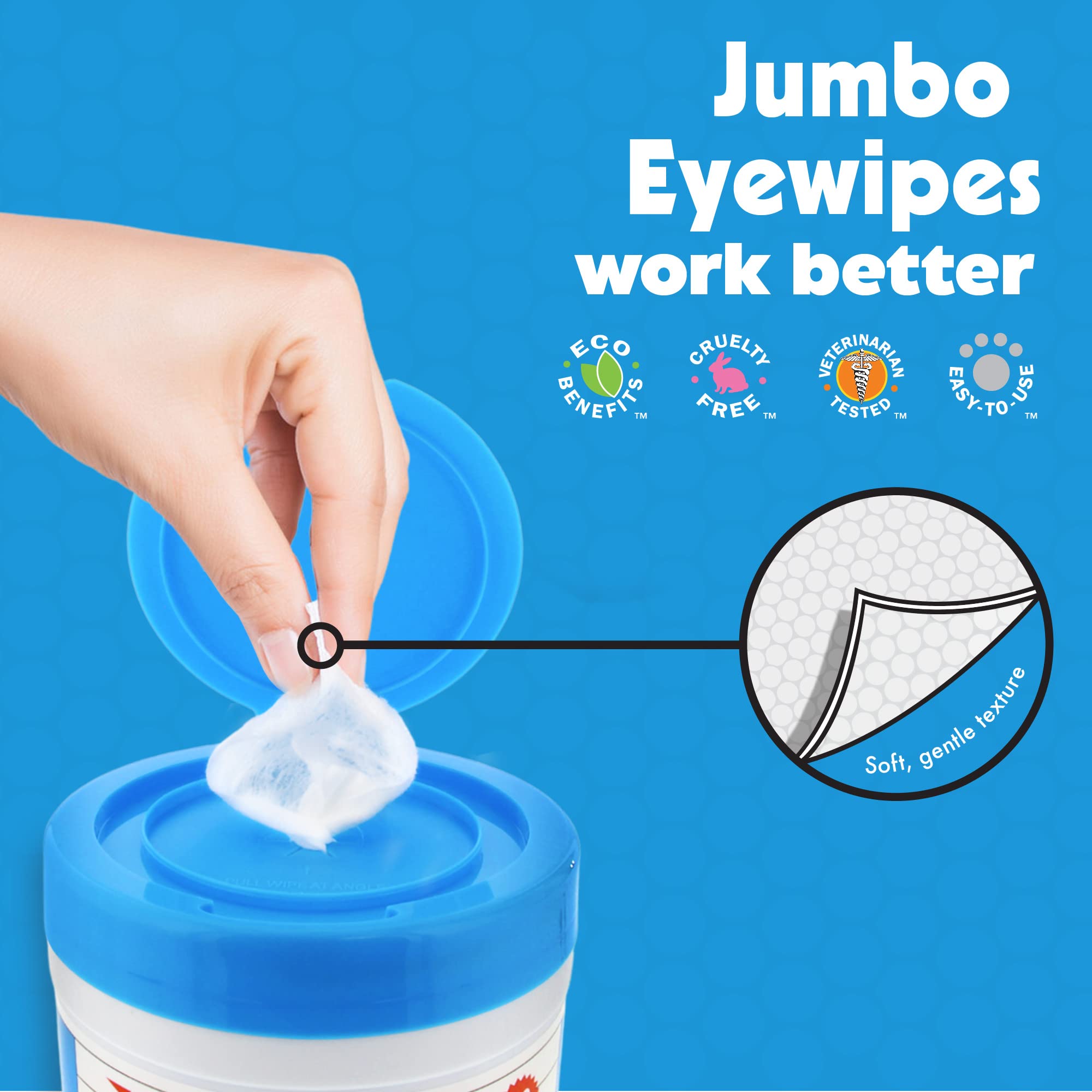 Petkin Jumbo Pet Eye Wipes, 80 Extra Moist Wipes - Gentle Eye Cleansing Wipes Remove Dirt, Discharge, & Tear Stains - Safe, Conv