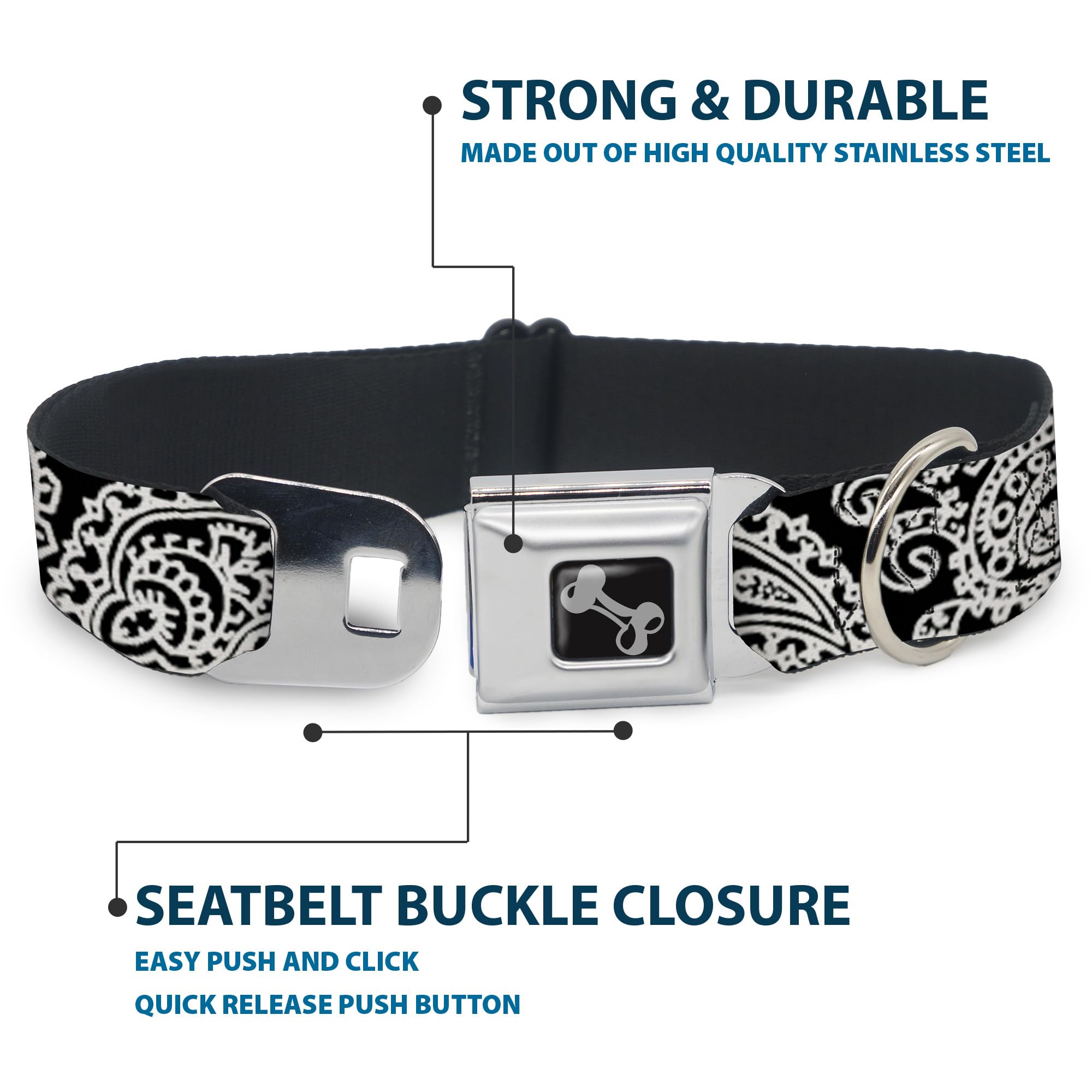 Buckle-Down Seatbelt Buckle Dog Collar - Bandana/Skulls Black/White - 1'' Wide - Fits 11-17'' Neck - Medium