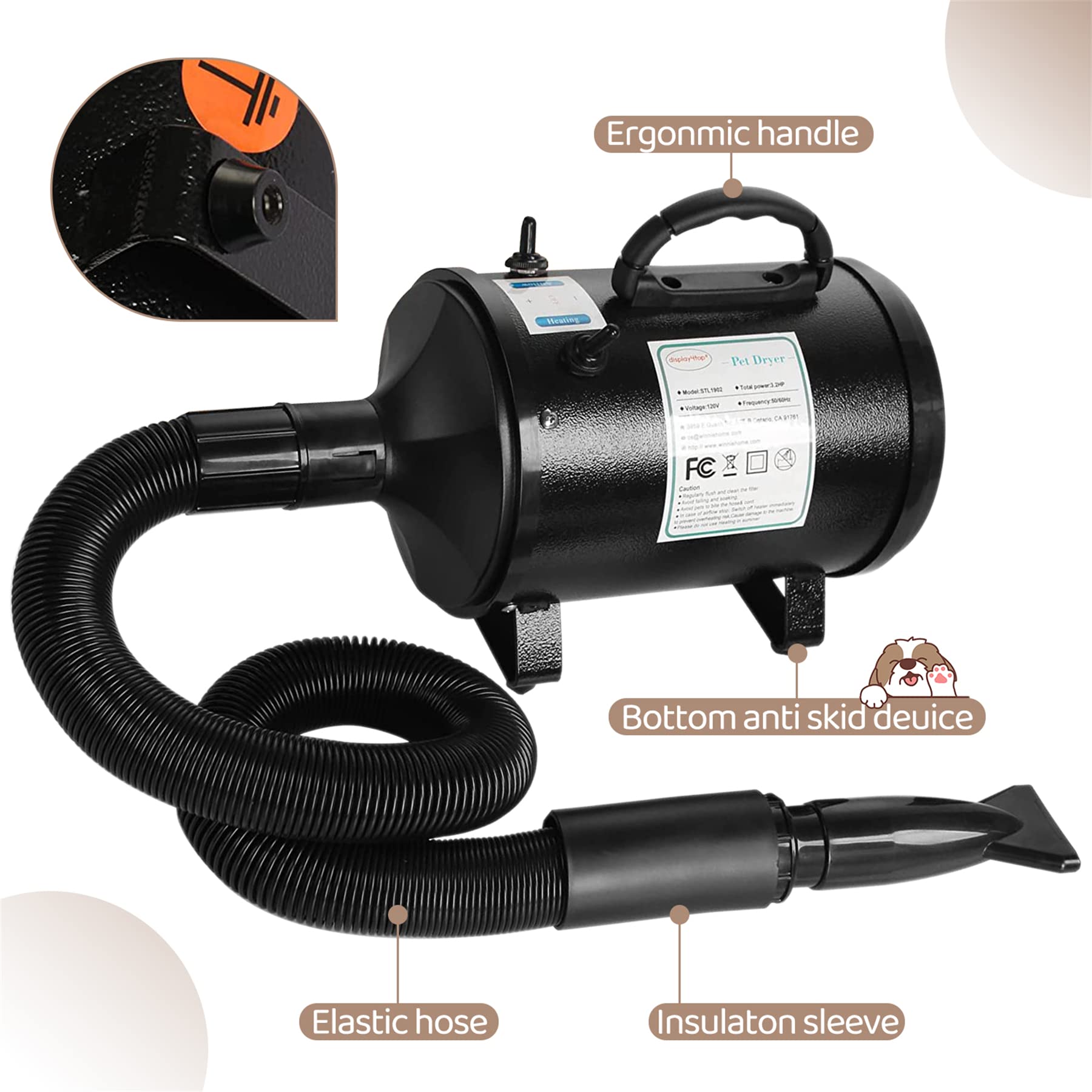 Display4Top Dog Dryer,2400W Dog Blow Dryer,3.2Hp Speed Adjustable Heat Temperature Dog Hair Dryer,High Velocity 3 Different Nozzles Dog Blower Grooming Dryer,Adjustable Temperature Pet Dryer