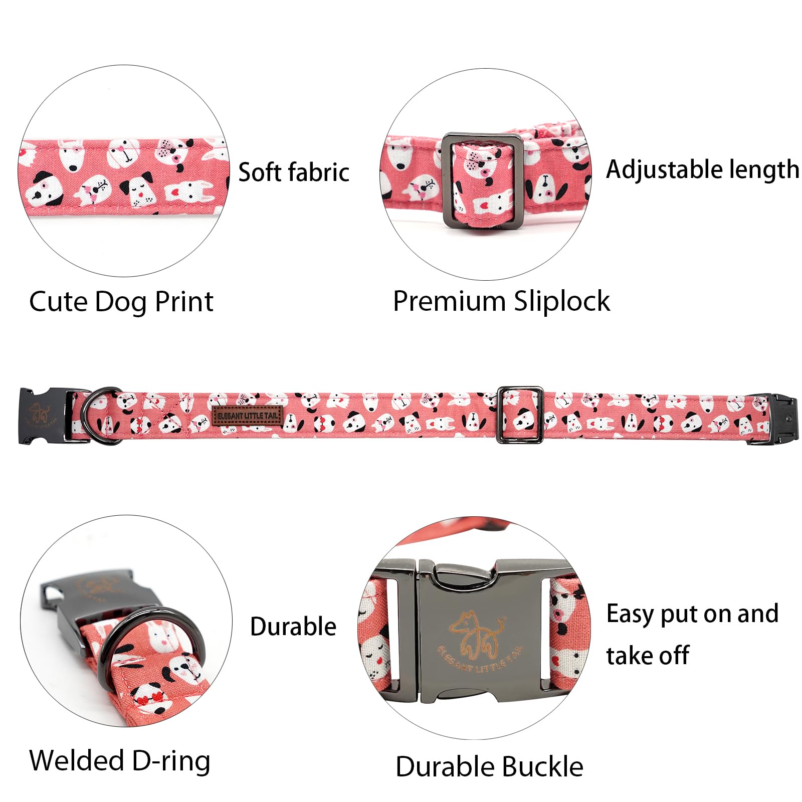Elegant Little Tail Pink X-Small Dog Collar, Unique Design with Matching Bow, Cotton, Standard Collar, Extra Small Dogs