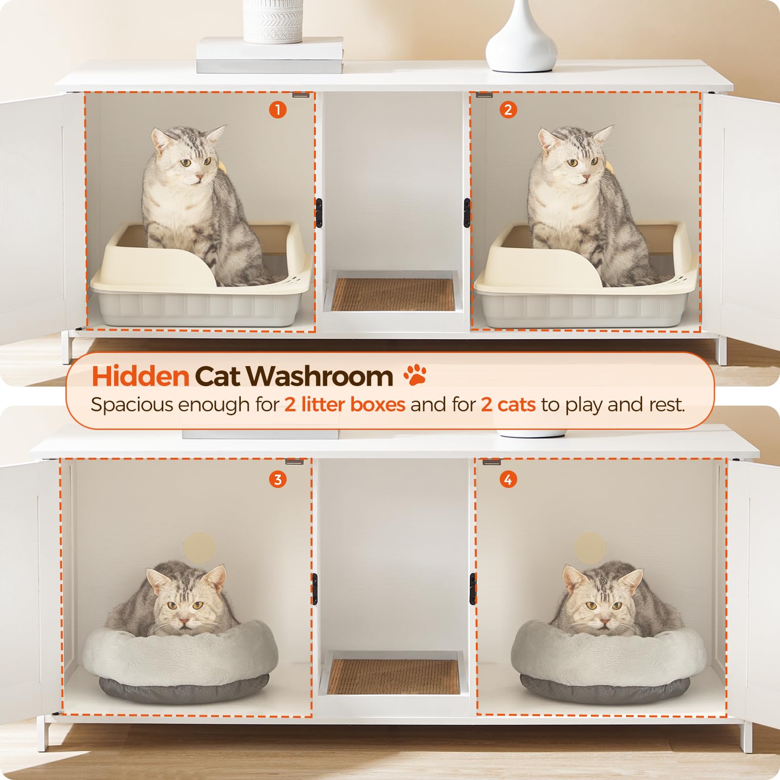 Mahancris Litter Box Enclosure For 2 Cats, 47.2'' Hidden Cat Furniture With Double Room, Wooden Washroom With Scratching Board,