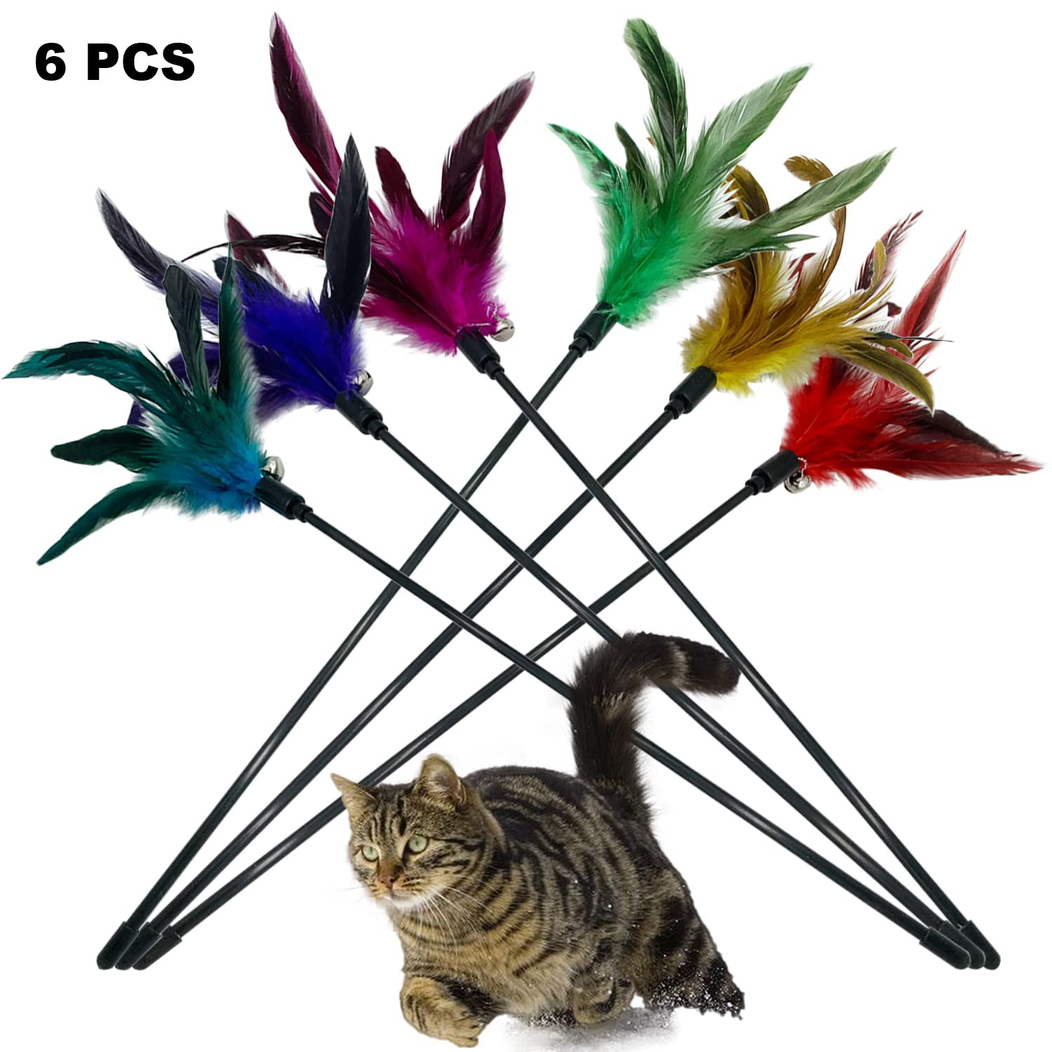 CATENESS Cat Wand Toy Feather Stick - 6 PCS Interactive Toys for Indoor Cats, Colorful Cat Feathers for Playtime Fun