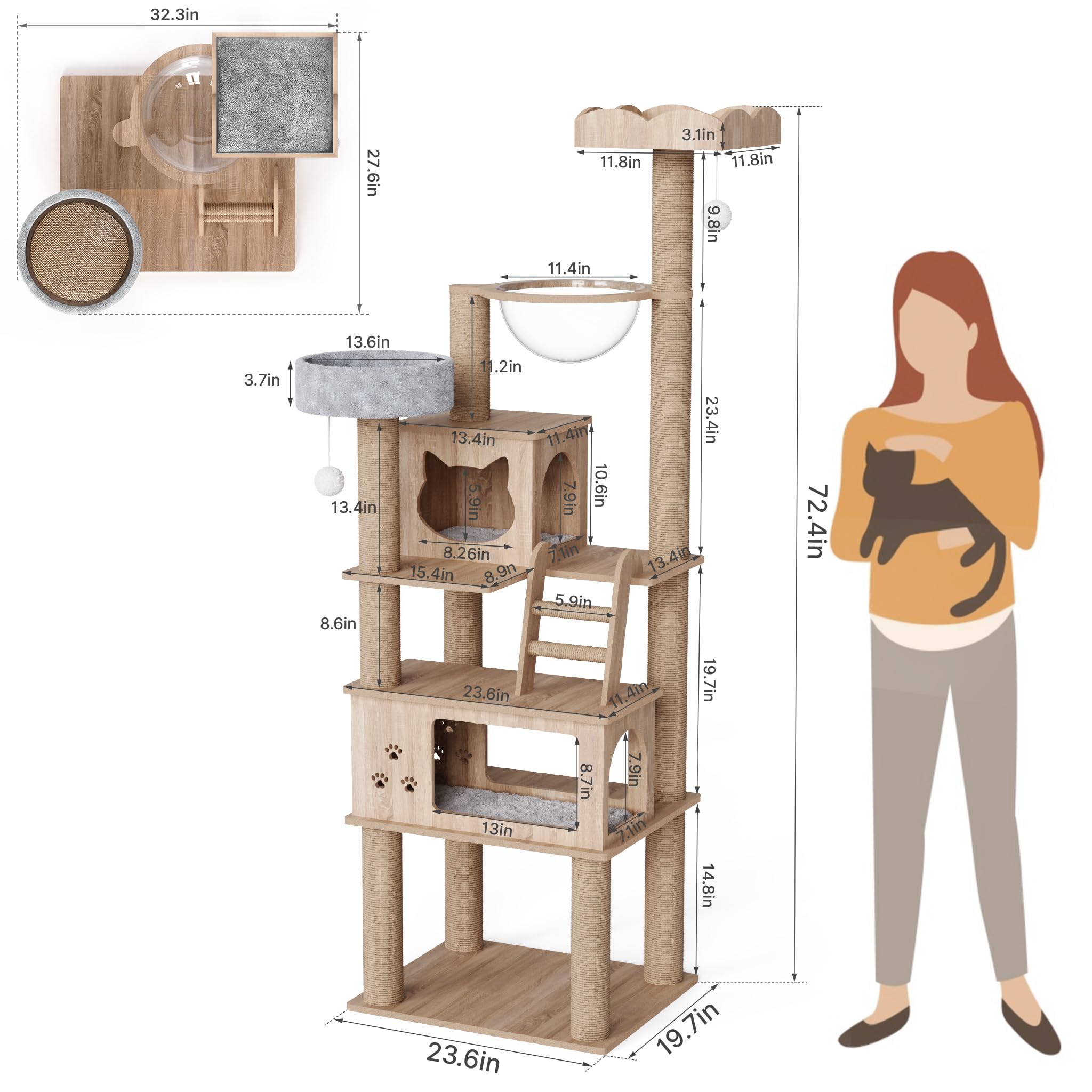 Mondeer Wood Cat Tree For Indoor Cats, 72'' Tall Cat Tower For Large Cat With Scratching Post Condos Perches And Capsule Nest Mo
