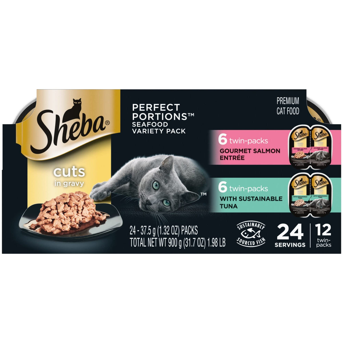 Sheba Perfect Portions Cuts In Gravy Multipack Salmon & Tuna Wet Cat Food, 2.64 Oz., 12 Twin Packs