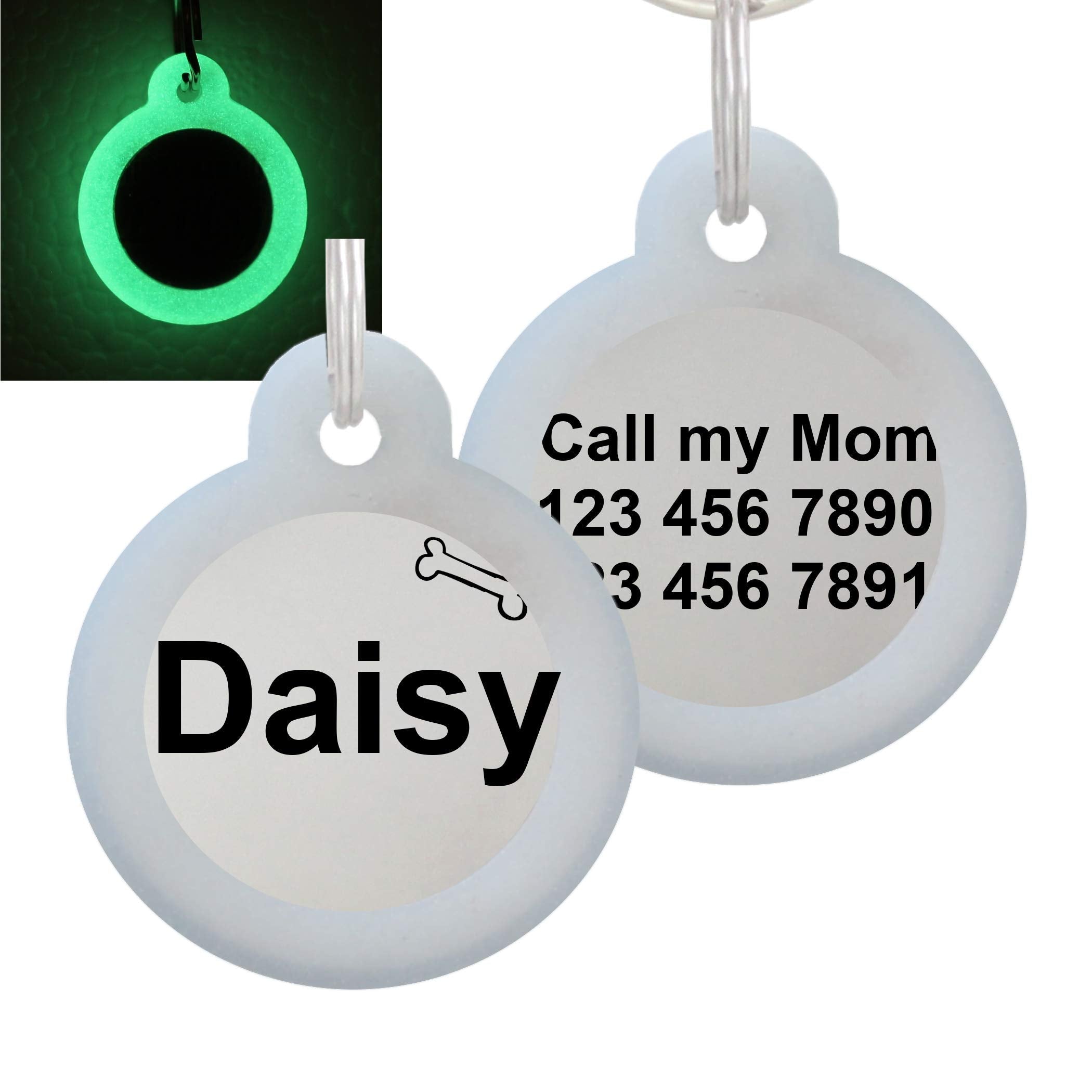 Double Sided Laser Etched Stainless Steel Pet Id Tag For Dog And Cat Engraved And Personalized 1'' Round Shape (Bone With Silenc