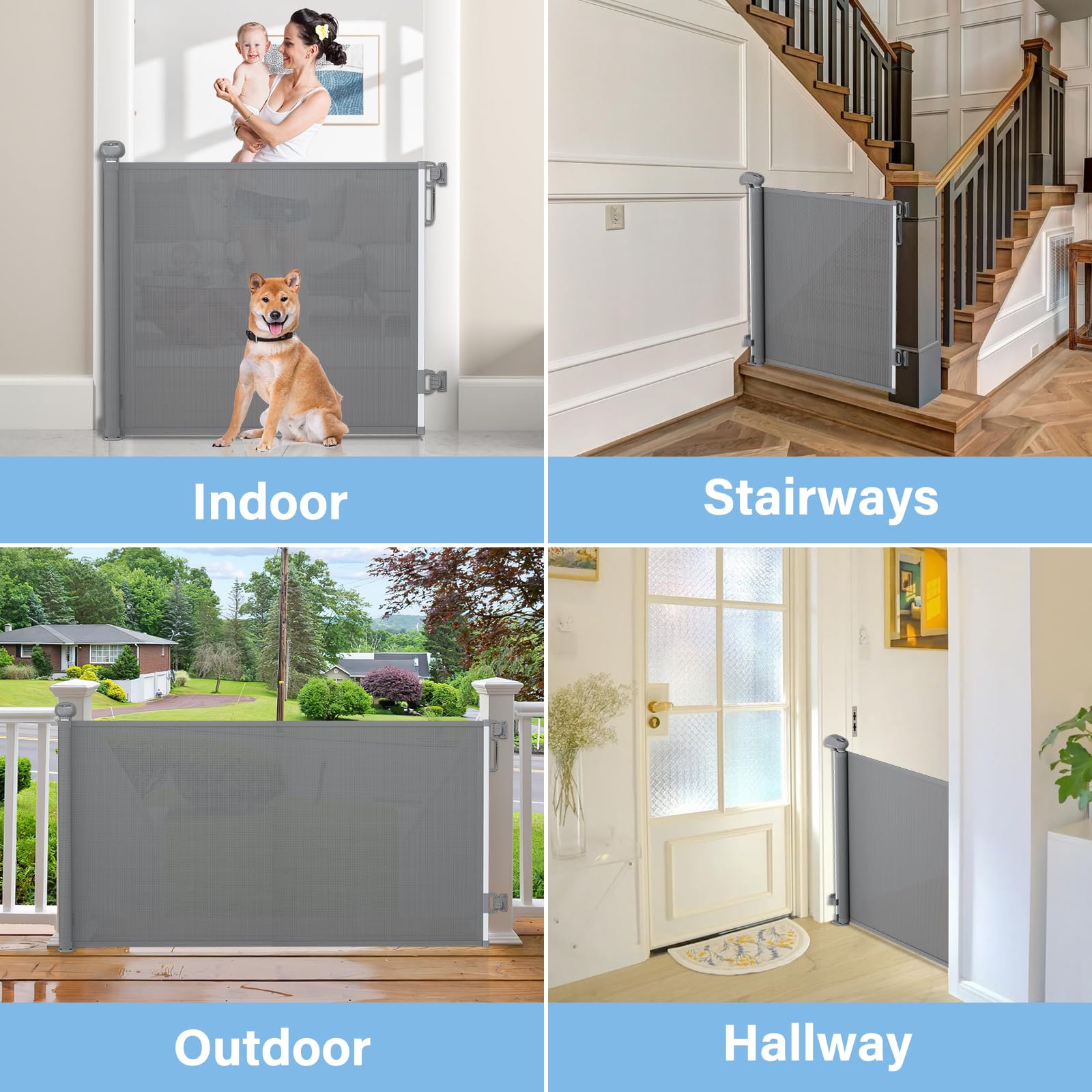 Retractable Baby Gates For Stairs, Probebi Retractable Dog Gate Indoor Extends To 72' Wide 34' Tall, Child Gates For Doorways, Stair Gate Use For Outdoor, Hallways, Doorways, Deck, Porch