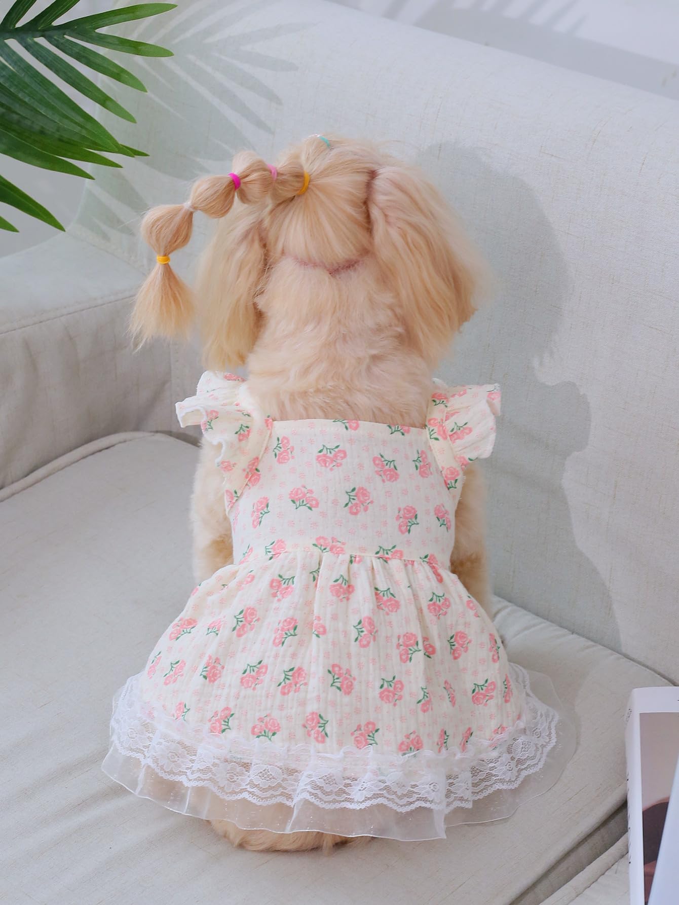 Qwinee Pink A Floral Dress (X-Large) For Small Medium Cats Dogs, Soft Fabric, Lightweight, Breathable, Ruffle Trim, Lace, Prince