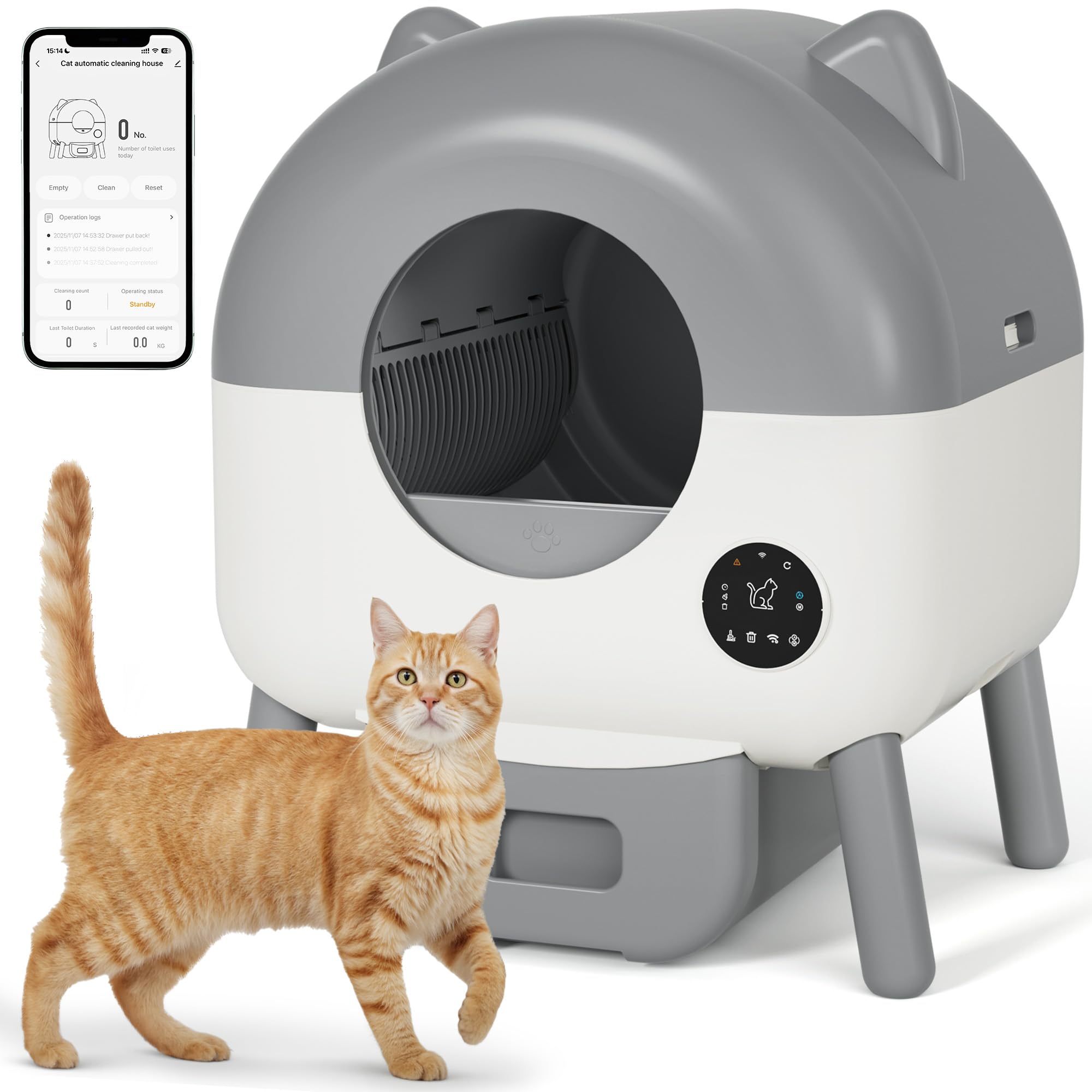 Greesum 76L Large Capacity Fully Enclosed Automatic Litter Box, Cat Ear Design with Garbage Bags Aroma Box and Brush for Multi -