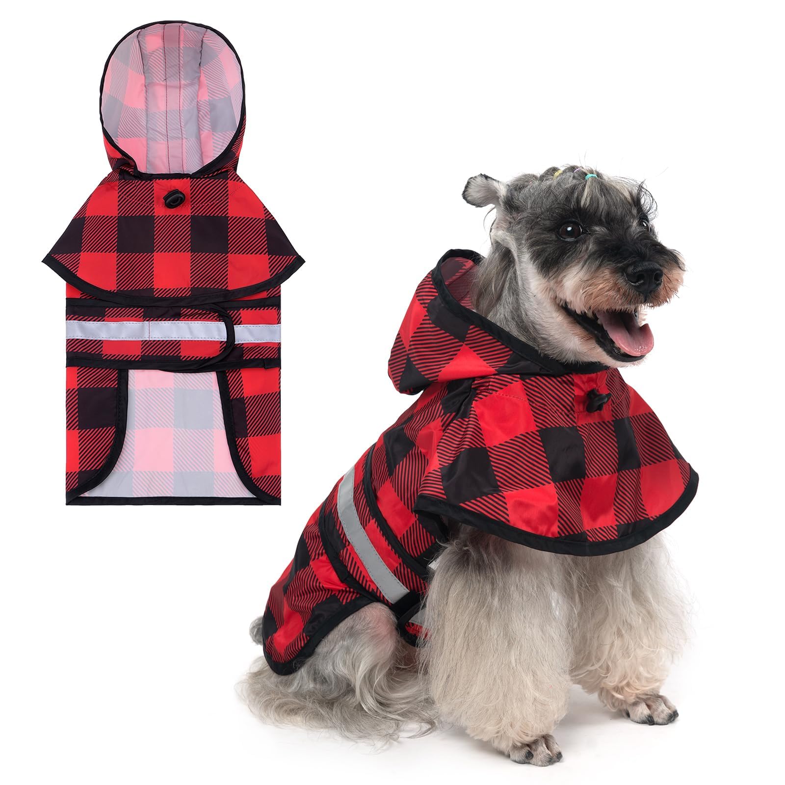 Kooltail Dog Raincoat Hooded Slicker Poncho With Leash Hole, Christmas Red Plaid Raincoat For Small Medium Dogs, Waterproof Dog 