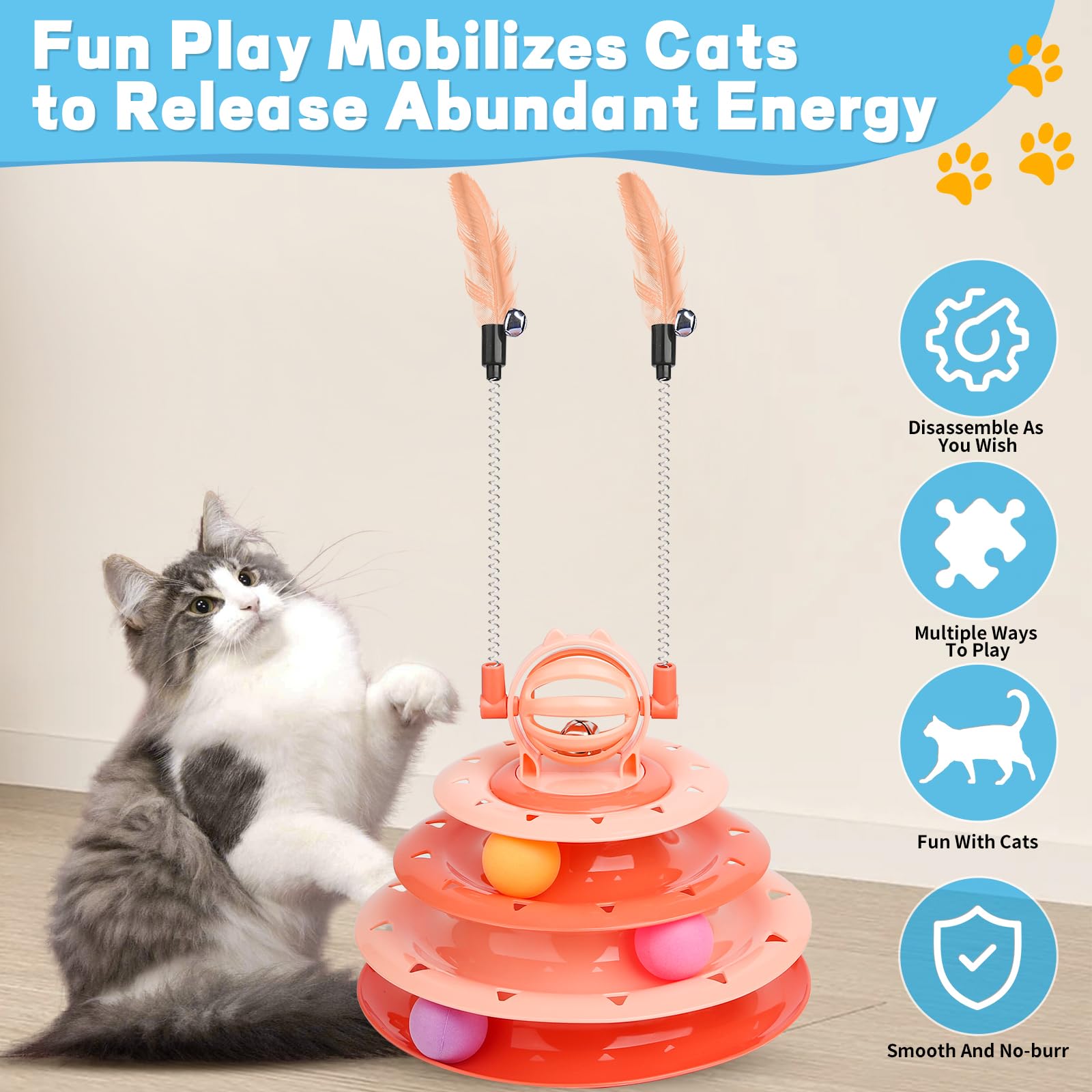Goosheep Cat Toy Interactive Pet Plaything For Indoor Kitten Interactive Kitty Puzzle Ball With 2 Cat-Tease (Orange)