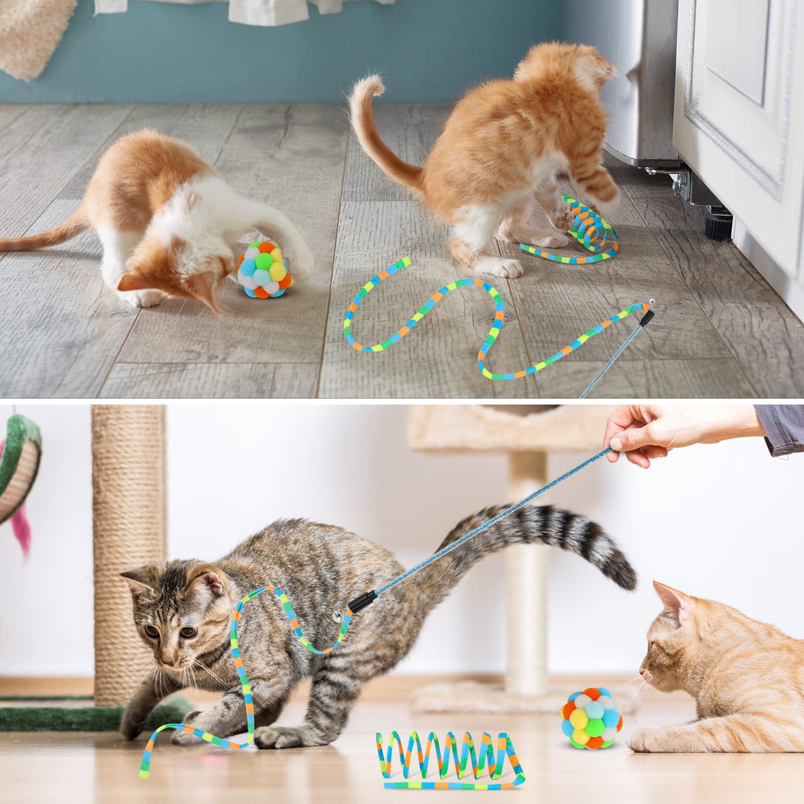 Tusatiy 3-Pack Cat Wand Toy With Fuzzy Balls, Bells & Springs - Rainbow Color Interactive Toys For Indoor Cats And Kittens (Rain