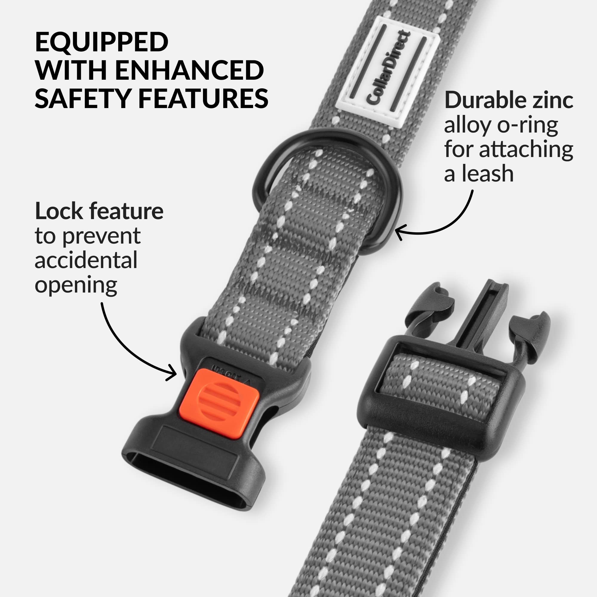 Collardirect Reflective Padded Dog Collar For A Small, Medium, Large Dog Or Puppy With A Quick Release Buckle - Boy And Girl - Nylon Suitable For Swimming (14-18 Inch, Grey)