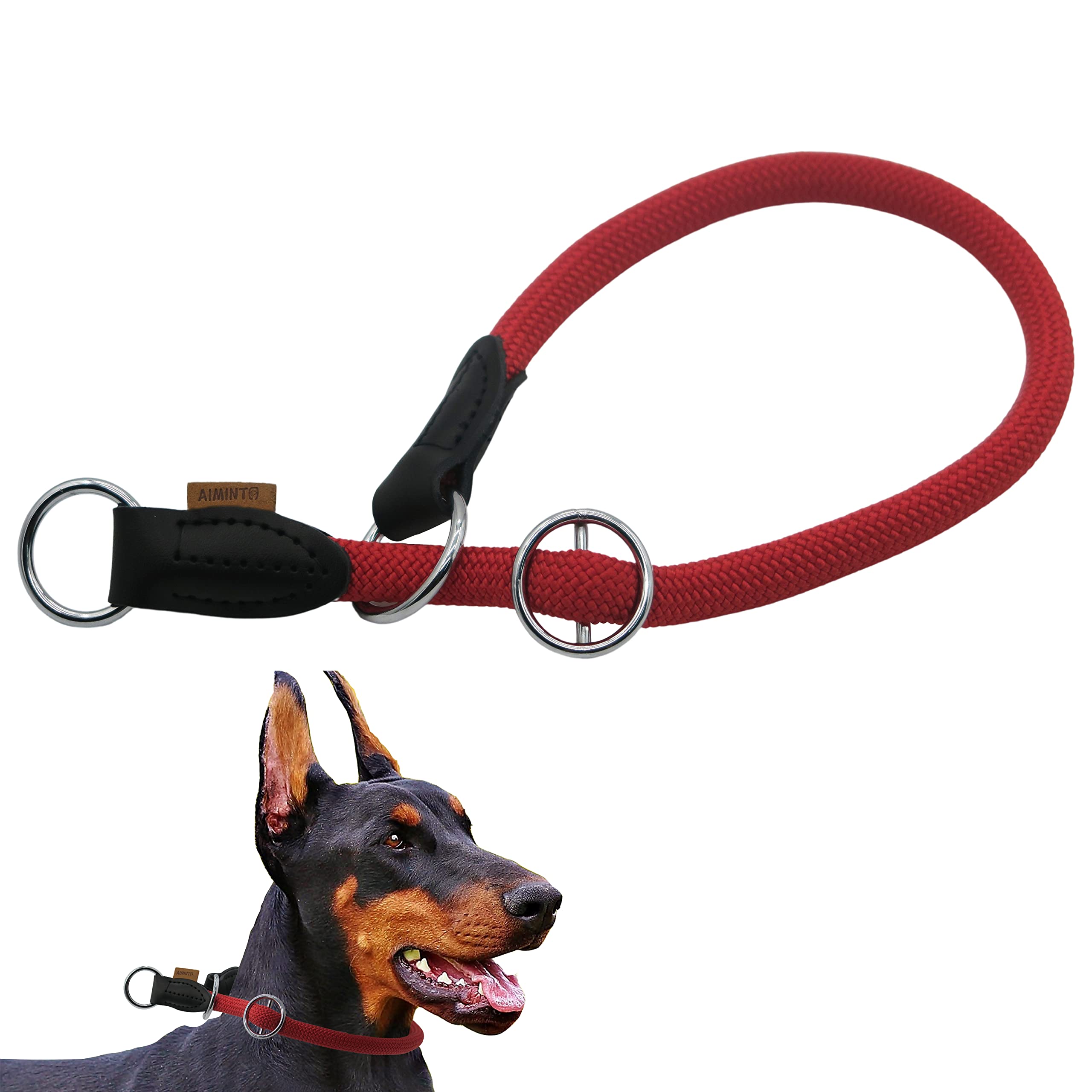 Aiminto Nylon Rope Pro Training Dog Collar, No Pull Round Martingale Collar, Slip Collar With Slidable Stop Ring - Ideal For Medium Large Dogs (L(1/2') - 20' Long, Red)