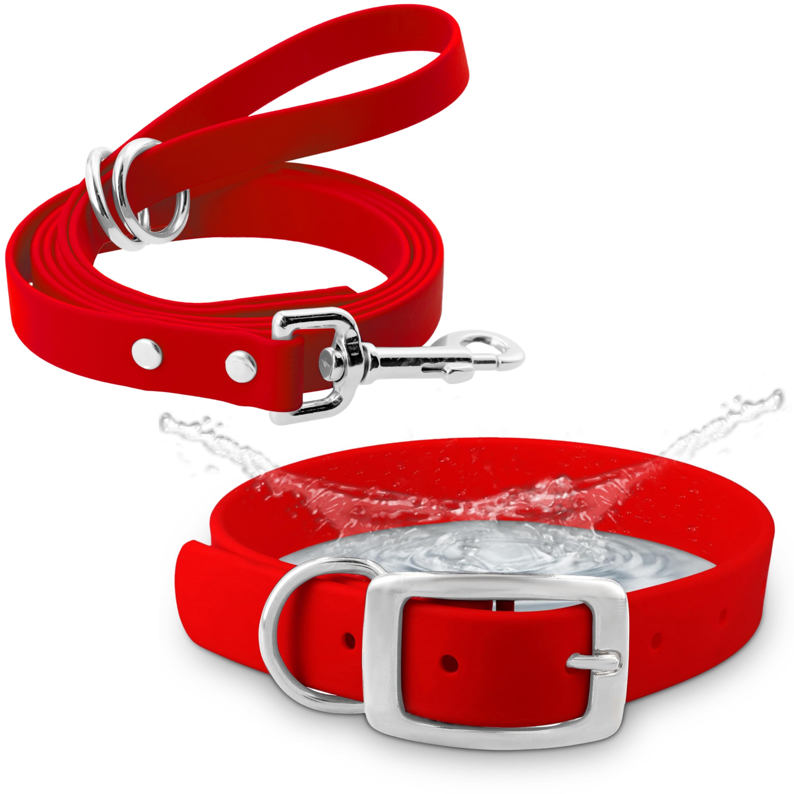 Regal Dog Products Small Red Waterproof Dog Collar and Leash Set | Heavy Duty Double Buckle & D Ring - 5'ft Leash | Adjustable B