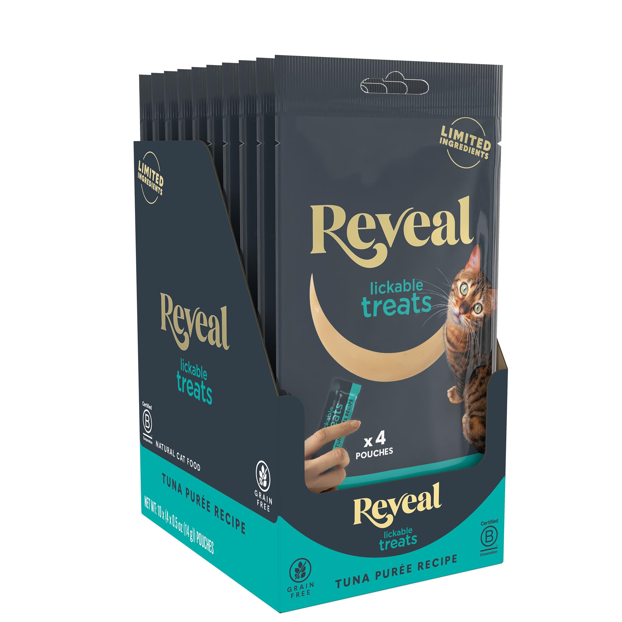 Reveal Tuna Puree Lickable Cat Treats 40-Pack, Limited Ingredient, Grain Free, Protein Squeeze Up Cat Treats for Training or Foo