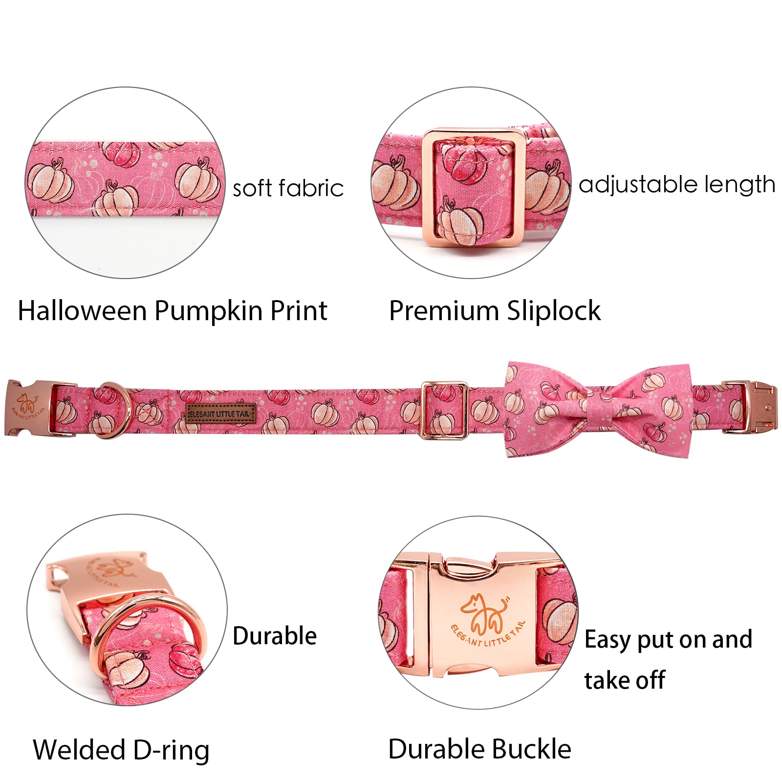 Elegant Little Tail Dog Collar With Bow, Halloween Pumpkin Bowtie Dog Collar, Adjustable Dog Collar Bow Pet Gift Collars For Sma