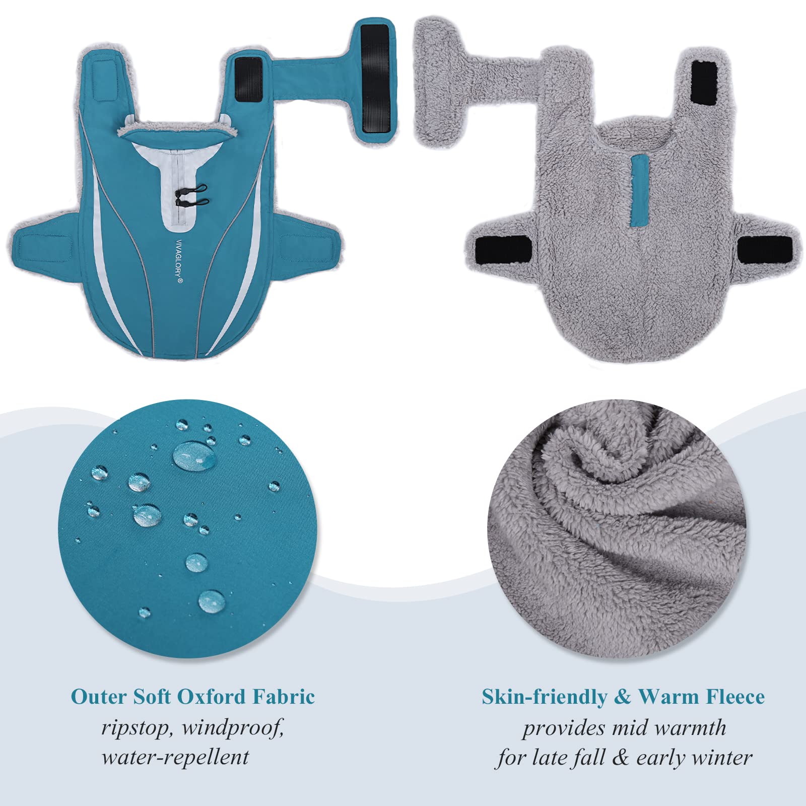 Vivaglory Dog Coat - Lightweight Cozy Fleece Lined Jacket For Late Autumn And Early Winter, Water Resistant, Turquoise