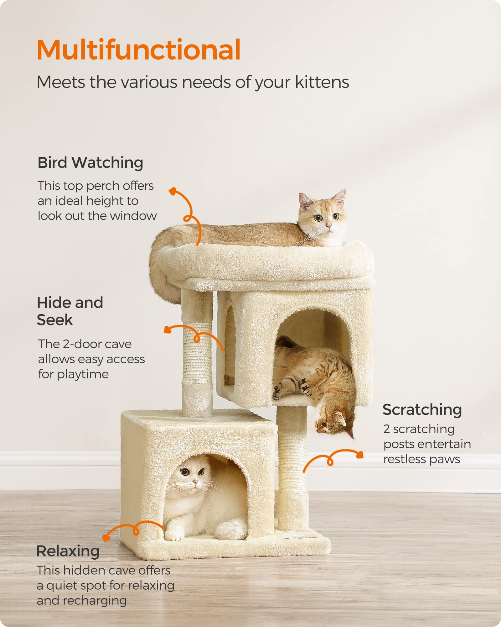 Feandrea Cat Tree, 26.4-Inch Cat Tower, S, Cat Condo For Kittens Up To 7 Lb, Large Cat Perch, 2 Cat Caves, Scratching Post, Beig