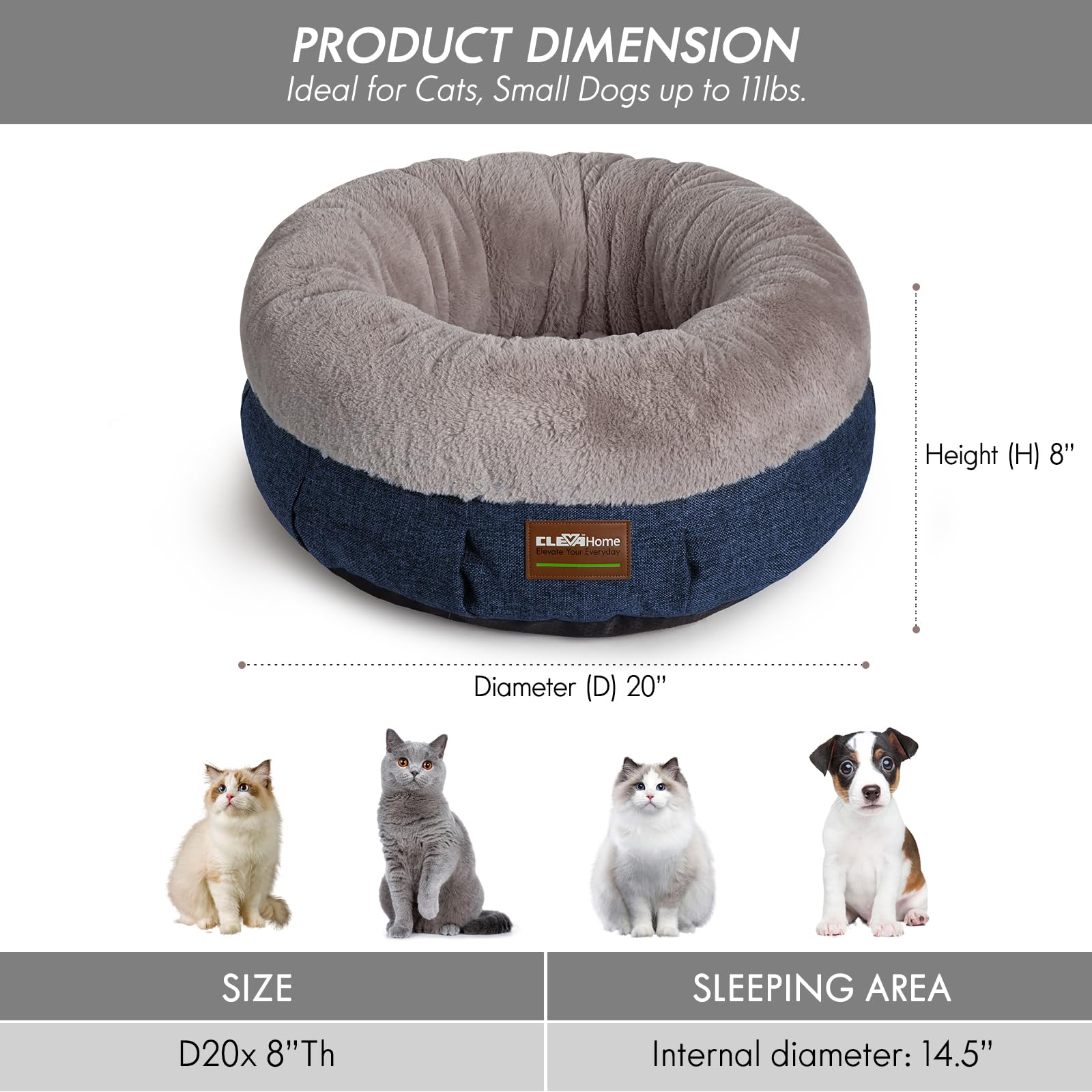 Clevahome Cozy Cat Bed - Ultra-Soft Plush Pet Bed With Raised Sides And Anti-Slip Base, Comfortable Round Bed For Small Pets Up