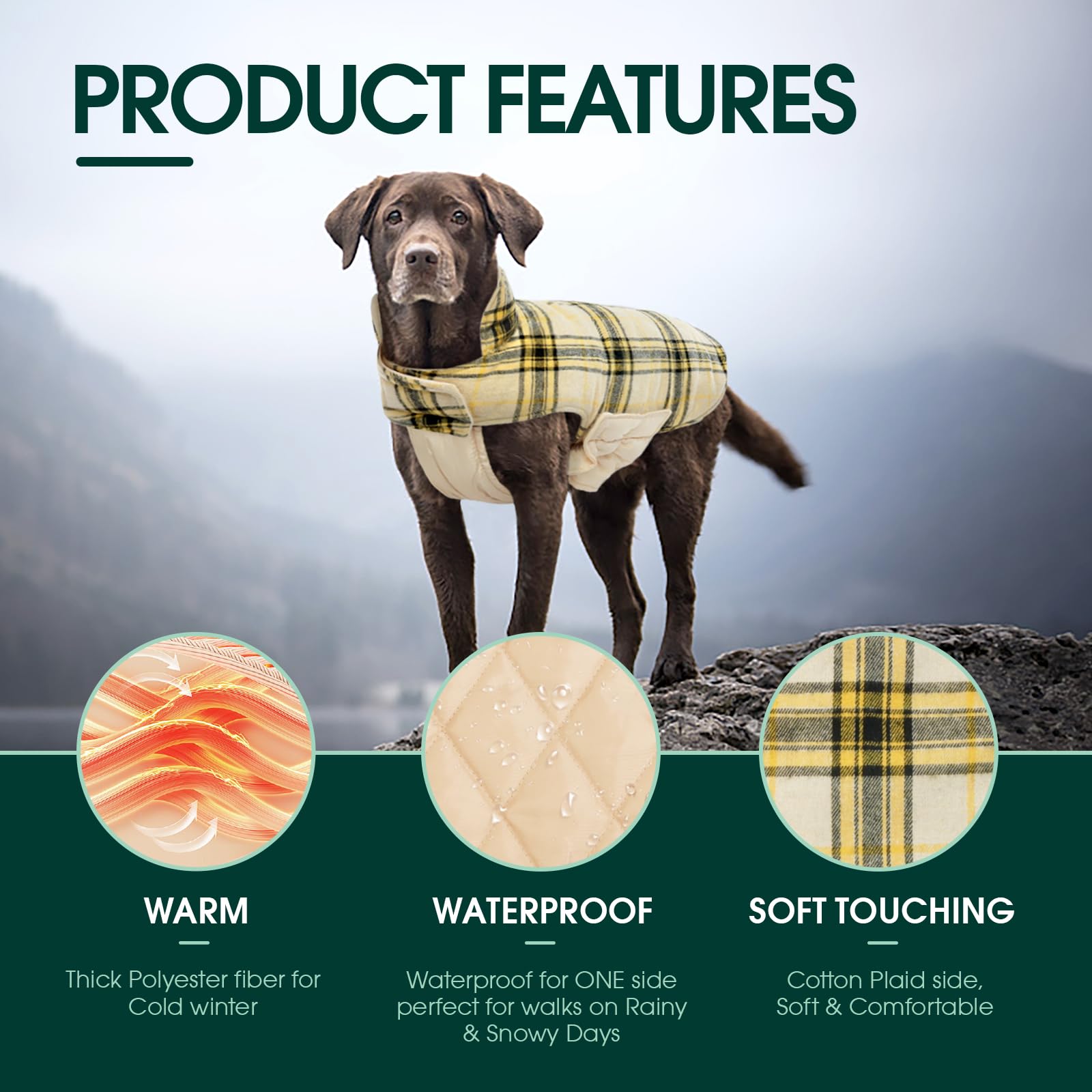 Kuoser Warm Dog Coat, Reversible Dog Jacket Waterproof Dog Winter Coat British Style Plaid Dog Clothes Pet Dog Cold Weather Coats Cozy Snow Jacket Vest For Small Medium Large Dogs Yellow Xl