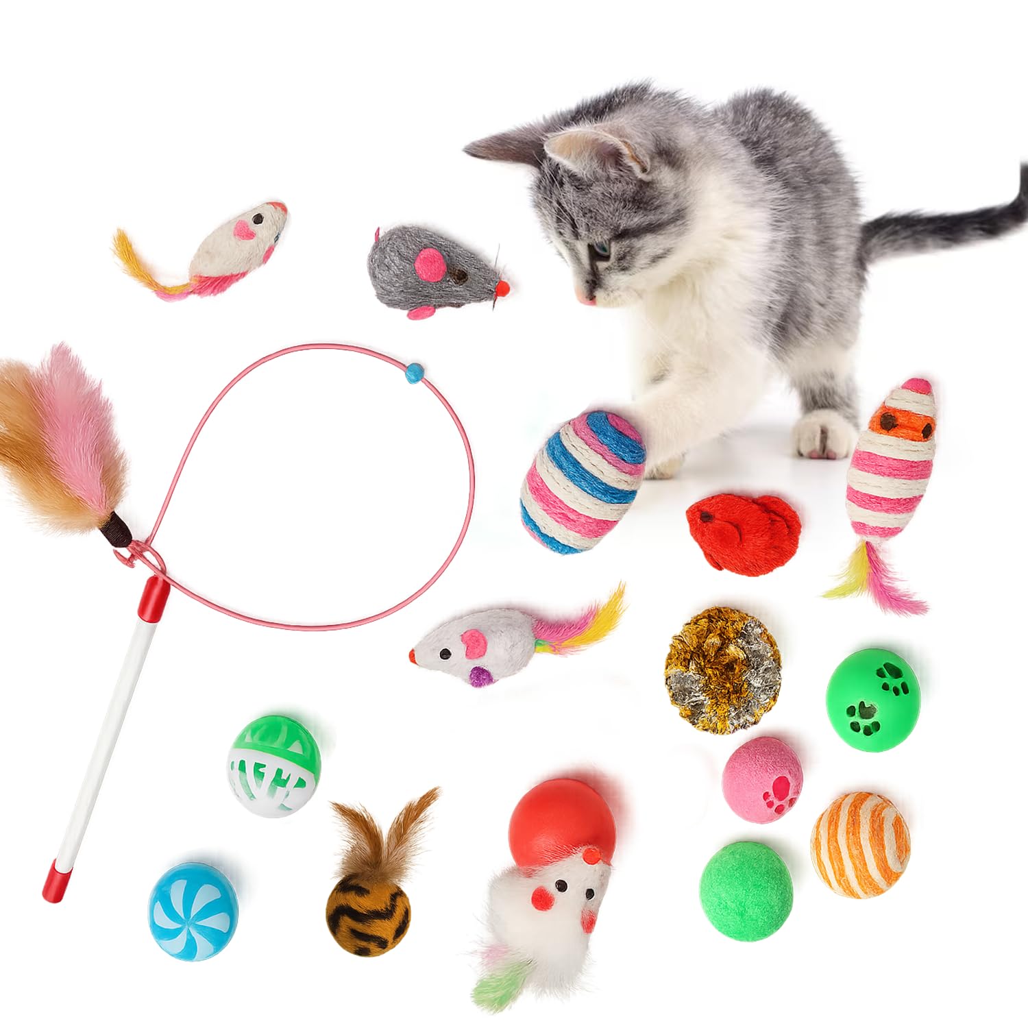 Petbabas 16 Pcs Cat Toy Set | Interactive Cat Play Kit With Bell Balls, Plush Mice, Teasing Wand, Knitted Balls & More | Indoor 