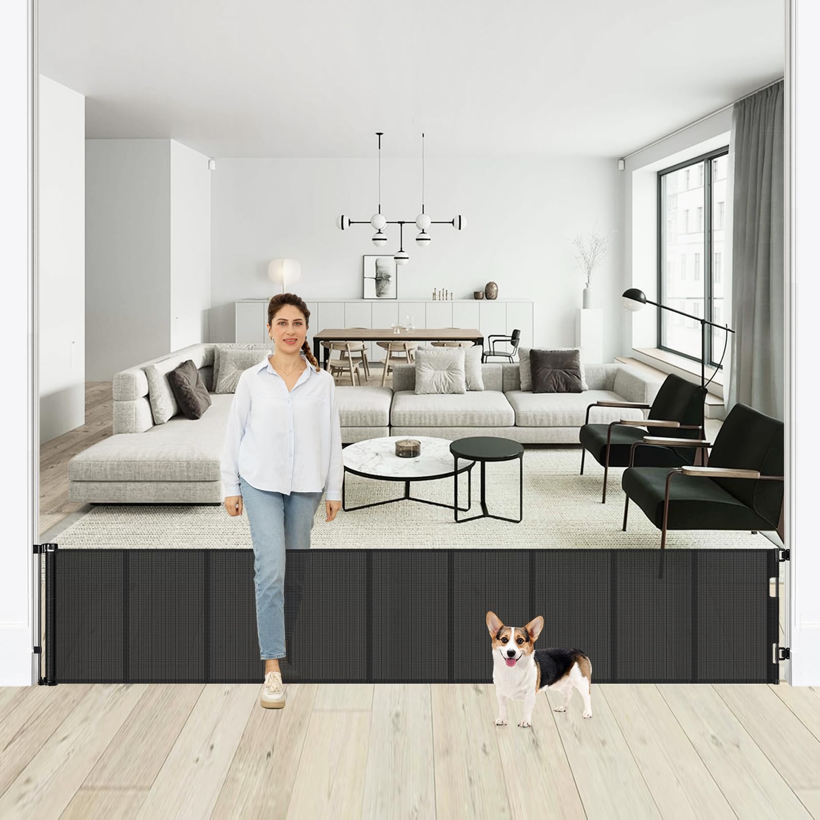 24 Inch Tall x 150 Inch Extra Wide Retractable Dog Gate for The House, Short Baby Gate to Step Over, Reinforced Mesh Puppy Gate 