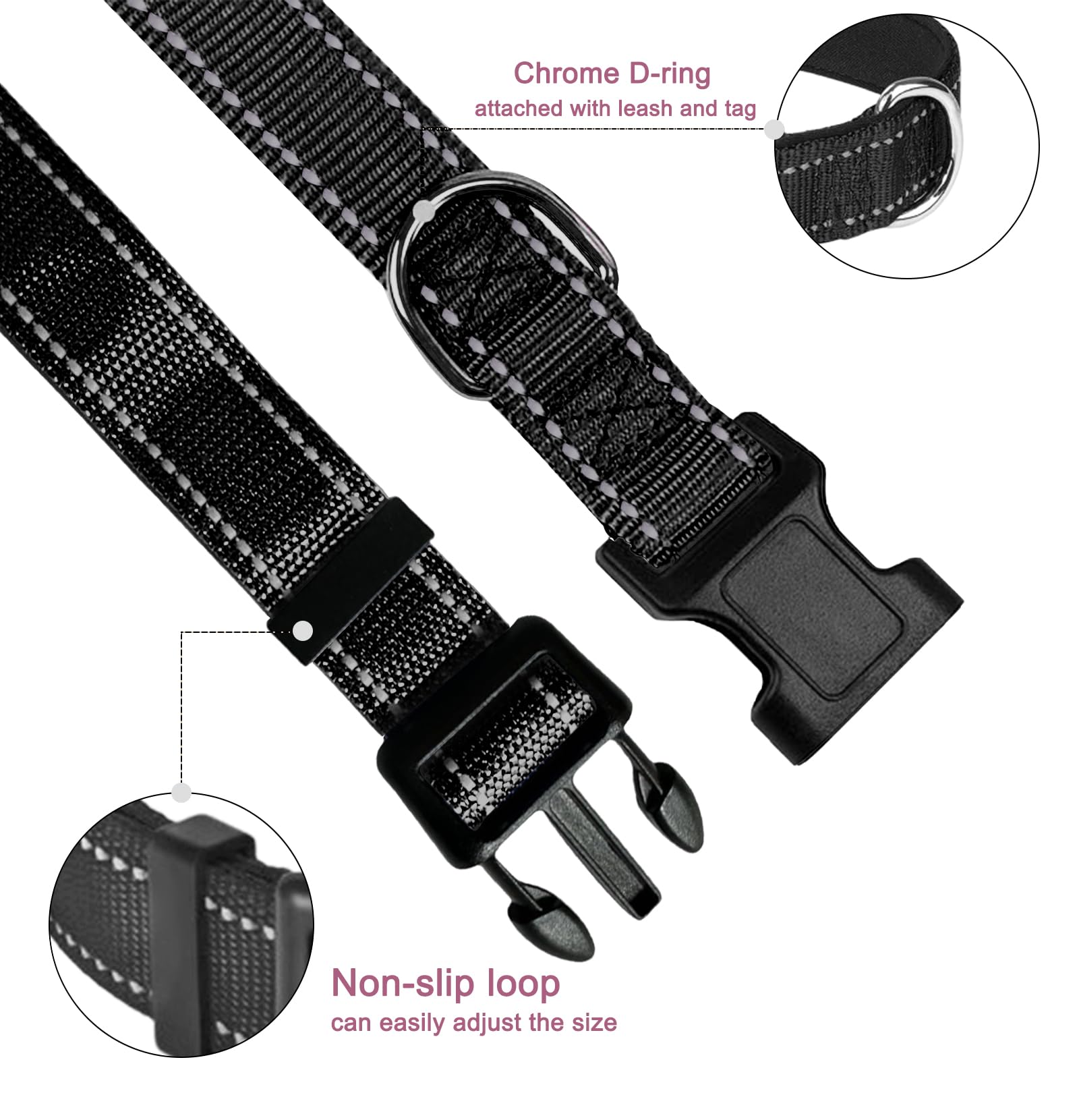 Medium Dog Collar, Reflective Pet Collar With Buckle Adjustable Safety Nylon Collars For Small Medium Large Dogs, Black