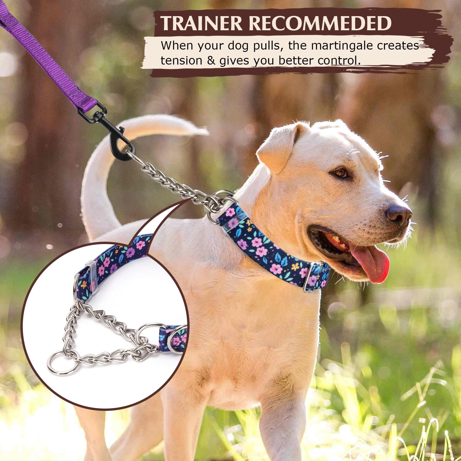 Martingale Collar For Dogs With Steel Chain, No Pull Dog Collar With Purple Bull Flower Design, Adjustable No Choke Dog Collar,