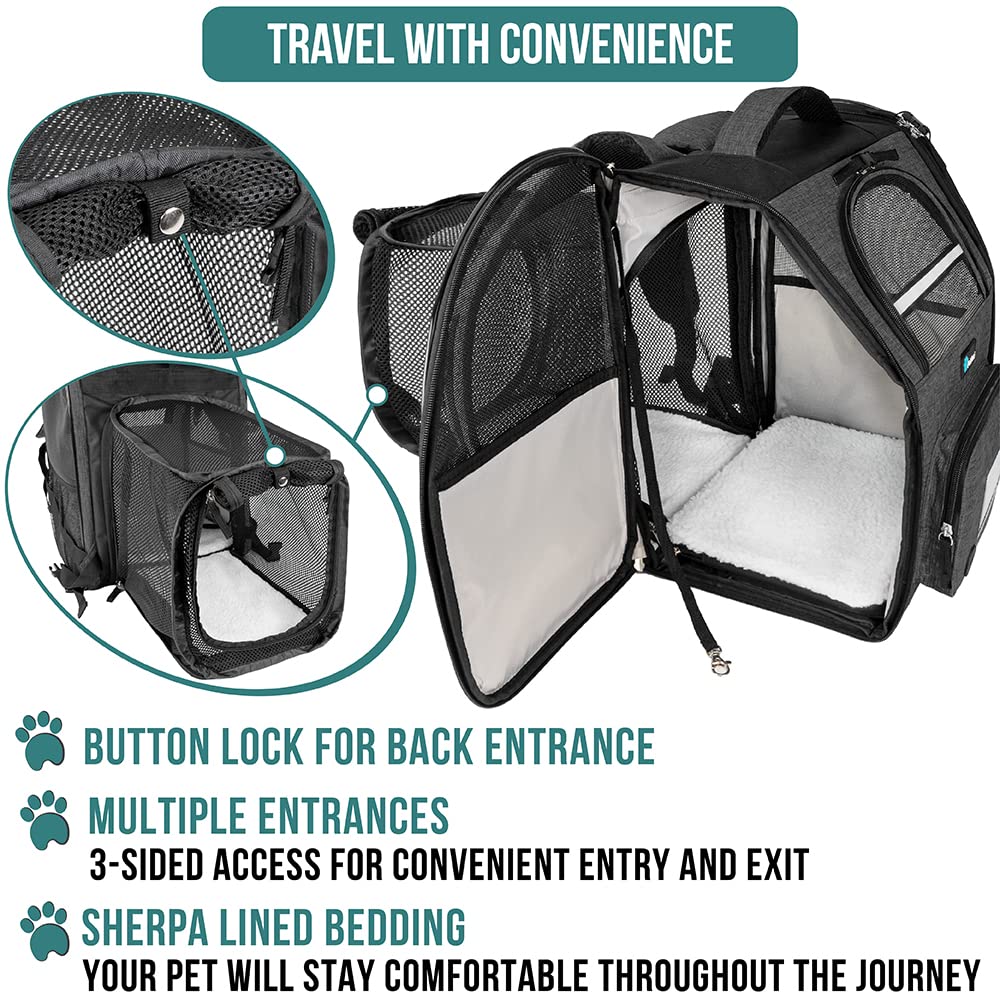 PetAmi Expandable Dog Cat Backpack Carrier - Airline Approved, Soft Back Support, Ventilated, for Small Medium Dogs & Large Cats, Charcoal