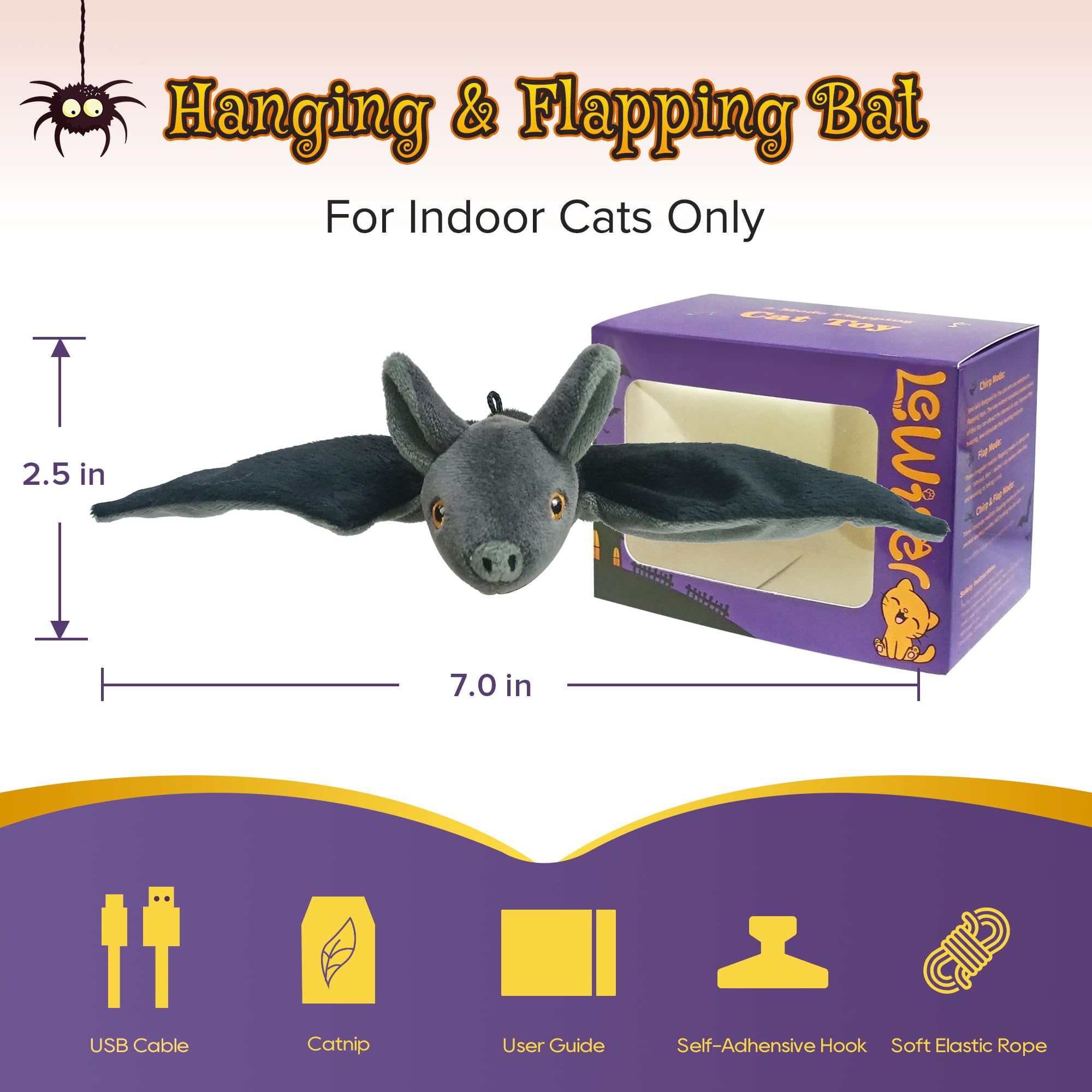 Lewiser Cat Toys, Rechargeable Intelligent Flapping Bat, Suitable For Cat Teaser Stick, Halloween Hanging Interactive Cat Toys For Indoor Cats Chase Exercise, Vivid Chirping, 3 Modes