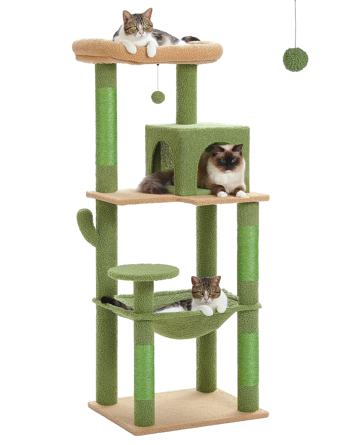 Muttros Cactus Cat Tree For Large Cats With Metal Plush Big Hammock, 56.3'' Cat Tower For Indoor Cats With 2 Door Condo House, 6
