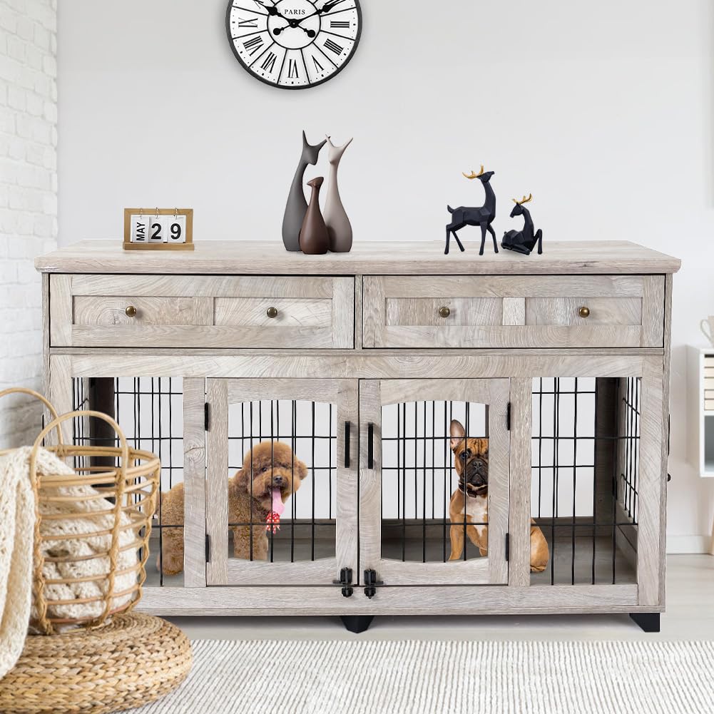 GarveeHome Large Dog Crate Furniture, Double Dog Kennel Furniture with 2 Drawers and Removable Divider, XXL Heavy Duty Wood Dog 