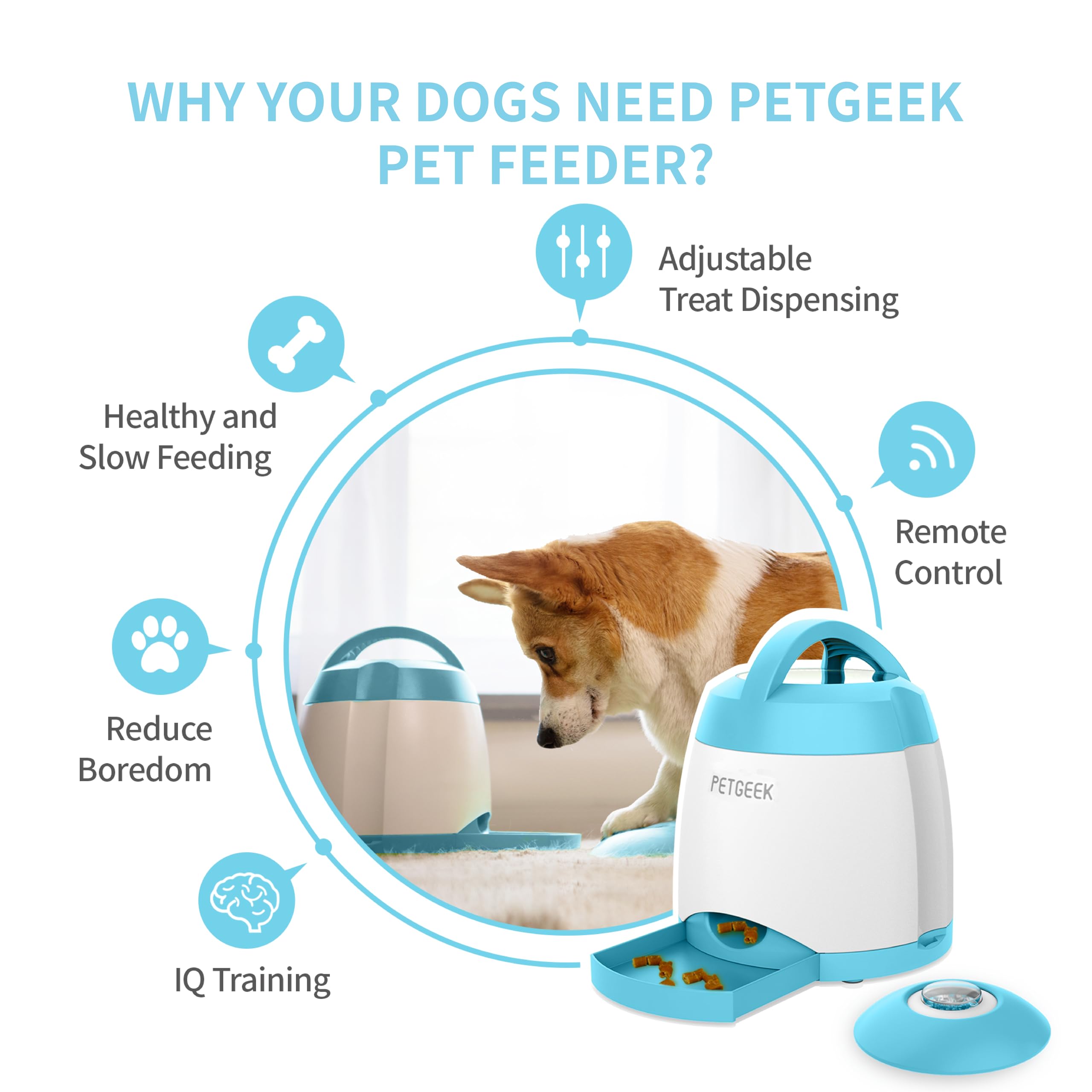 Petgeek Automatic Dog Treat Dispenser With Button, Dog Button Feeder With Dual Power Supply And Remote Control, Dog Puzzle Toys And Interactive Dog Toys For Indoor Or Outdoor Play(Blue)