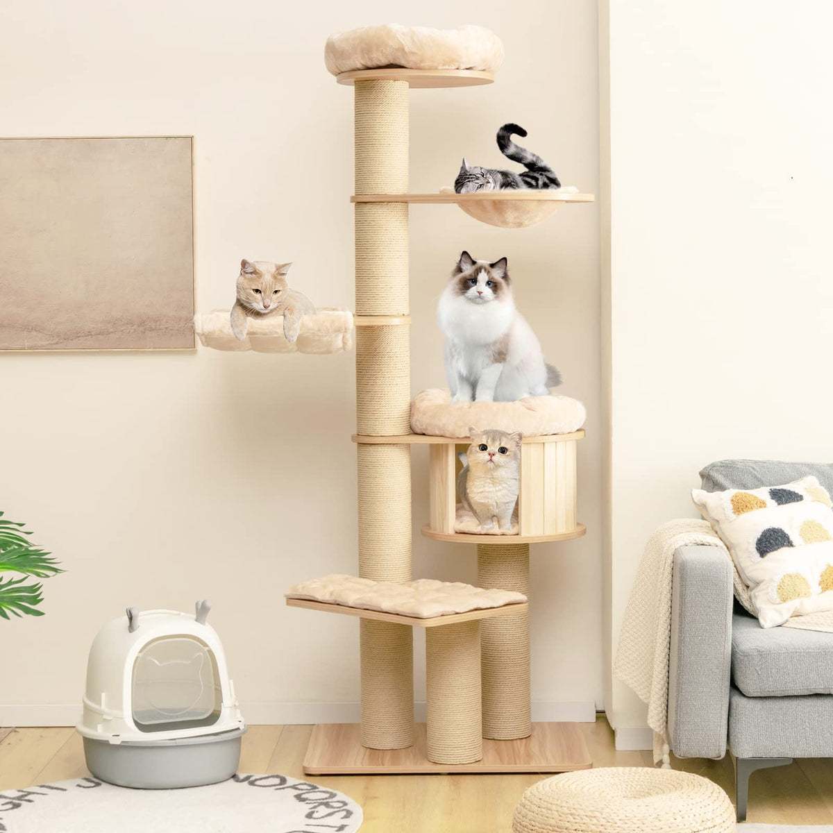 Tangkula Large Cat Tree Tower, Multi-Level Tall Cat Tree With Sisal Posts, Hammocks, Hanging Basket, And Cat Condo, Washable Cushions, Modern Cat Tree For Indoor Cats Large Adult