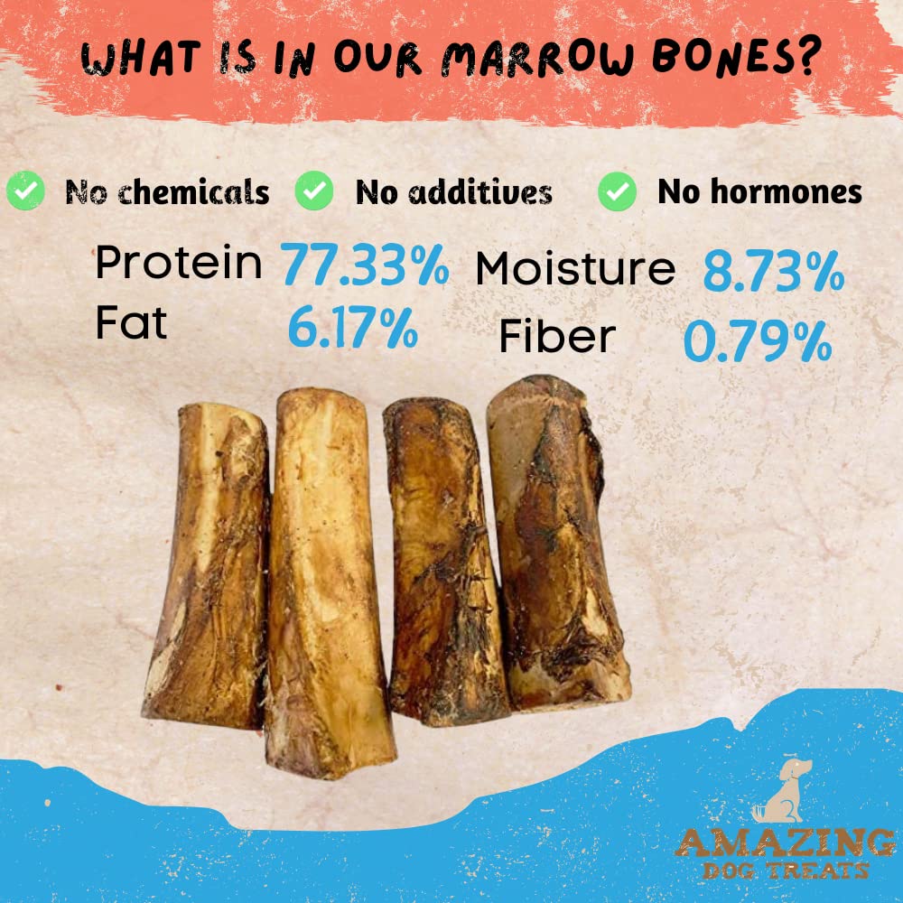 Amazing Dog Treats - 5-6 Inch Meaty Beef Marrow Bones (4 Count) - Best for Dogs - Long Lasting Chew - Filled Marrow
