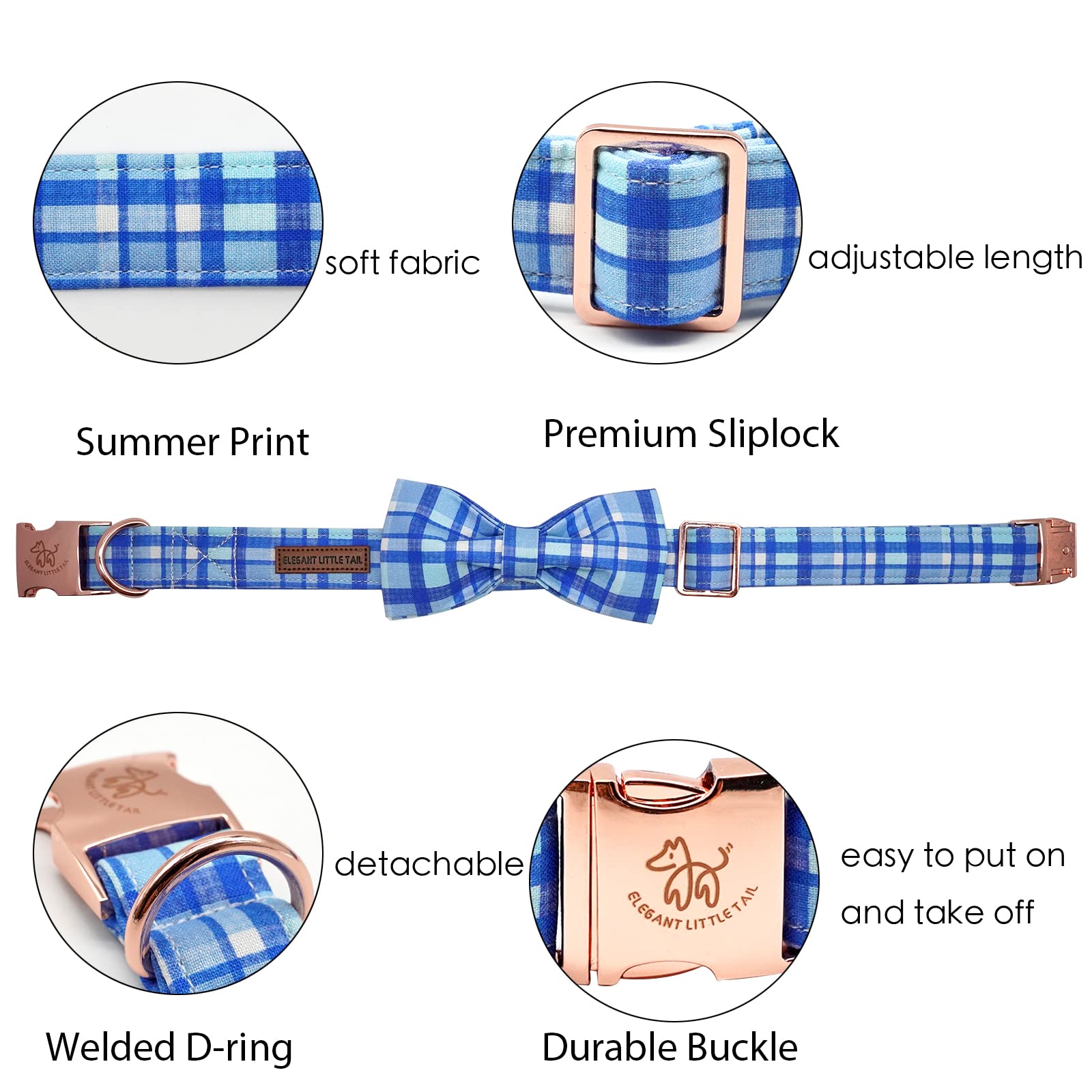 Elegant Little Tail Dog Collar With Bow - Blue Plaid Boy Dog Collar Cute Bowtie Pet Collar Adjustable Dog Collar For X-Large Dog
