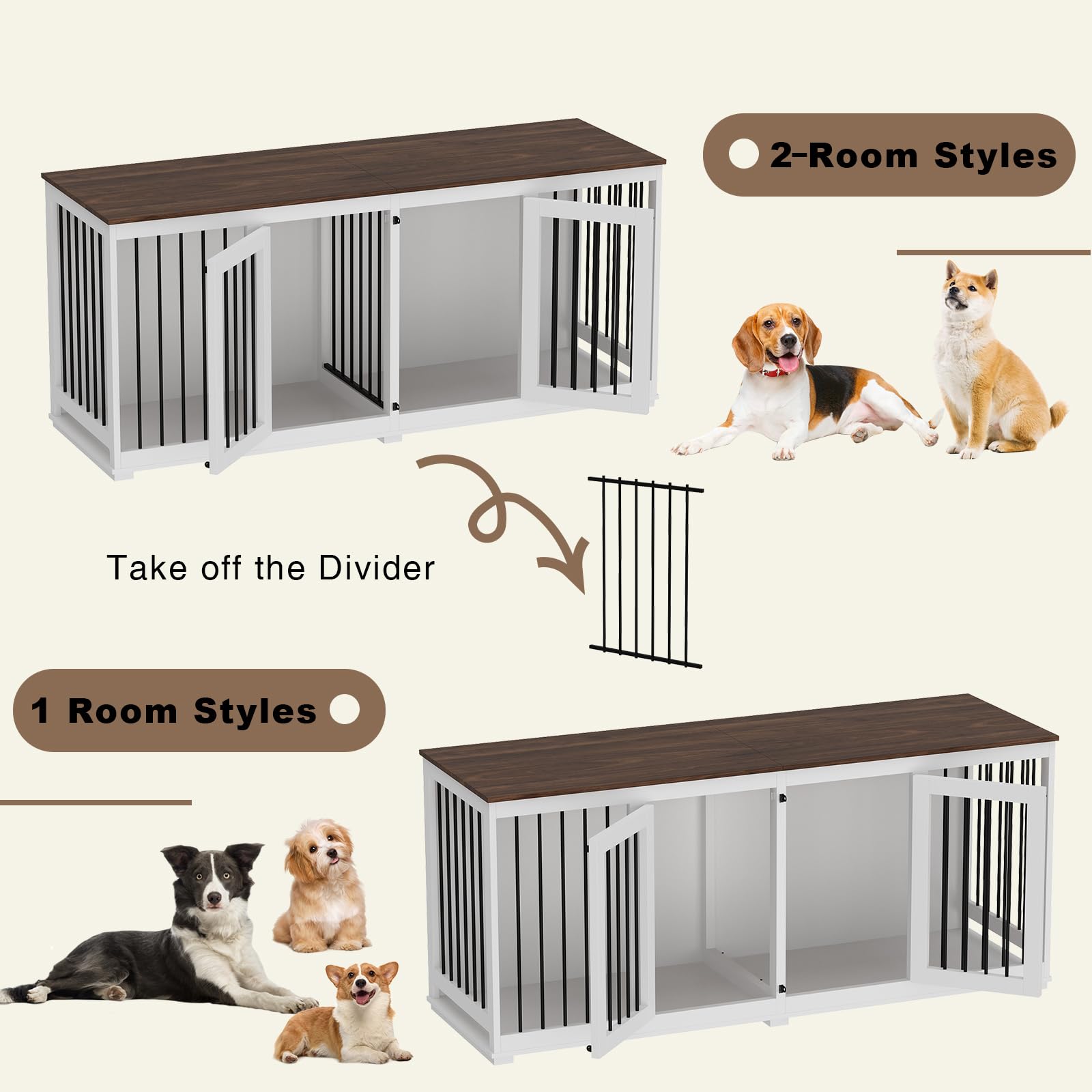 DAWNSPACES Double Dog Crates Furniture for Large Dogs, 71  Heavy Duty Wooden Large Dog Kennel with Removable Divider for 2 Dogs,