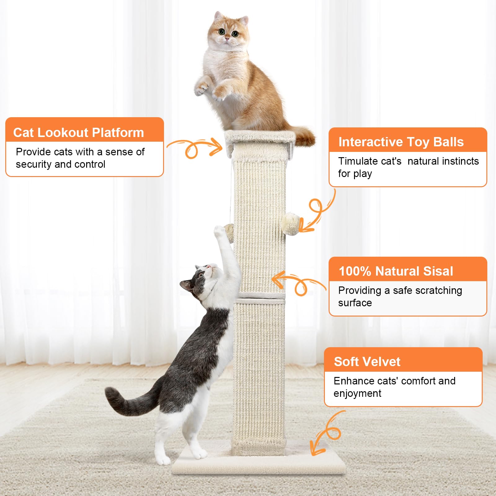 Socater Cat Scratching Post 33 Inch Nature Sisal Cat Scratch Post For Indoor Cats, Large Cat Scratcher Protect Your Furniture, F