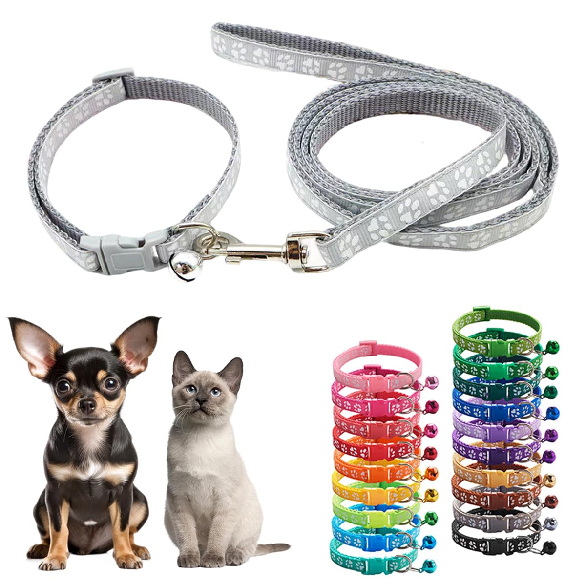 Kitten Collar And Leash Set With Bell,Gray Nylon Paw Cat Girl Female Cute Fancy For Xxs Xs Tiny Little Kitten Boys Pet,Neck 7-12
