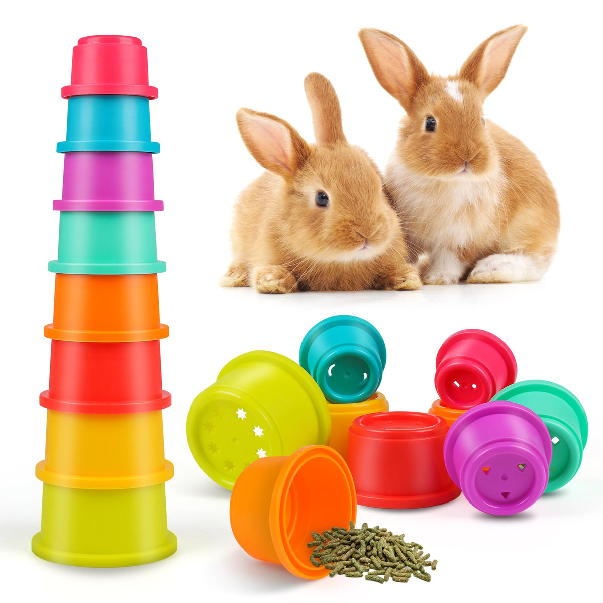 Skywhale Bunny Toys, Stacking Cups For Rabbits, 8Pcs Stackable Plastic Pet Nesting Snack Container, Chinchilla Guinea Pig Parrot