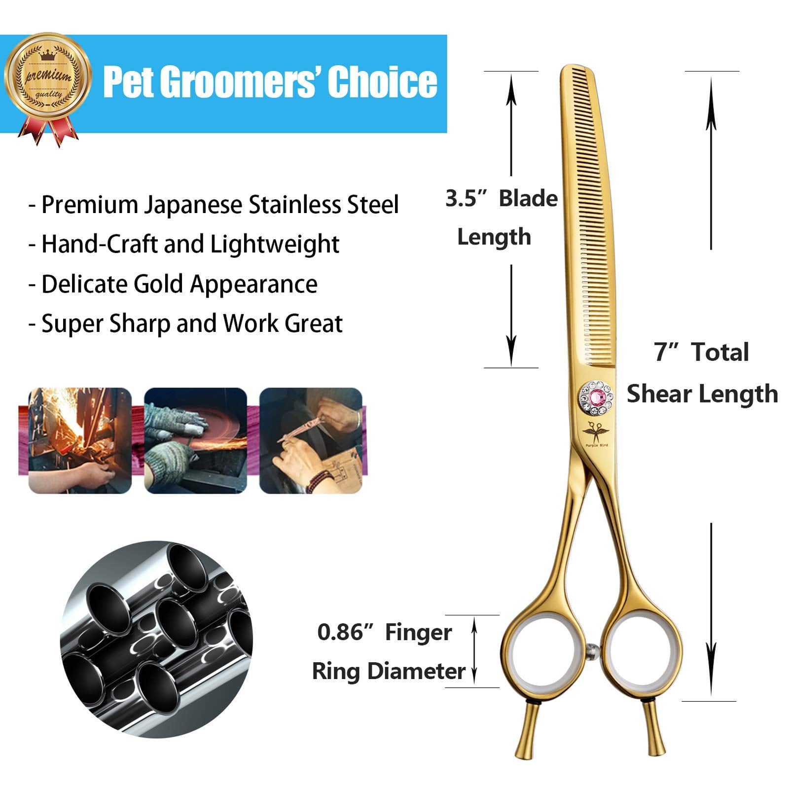 Purplebird 7 Inch Downward Curved Dog Grooming Scissors Thinning Texturizing Shears Professional Safety Blunt Tip Trimming Shearing For Dogs Cats Face Paws Limbs Japanese Stainless Steel Yellow