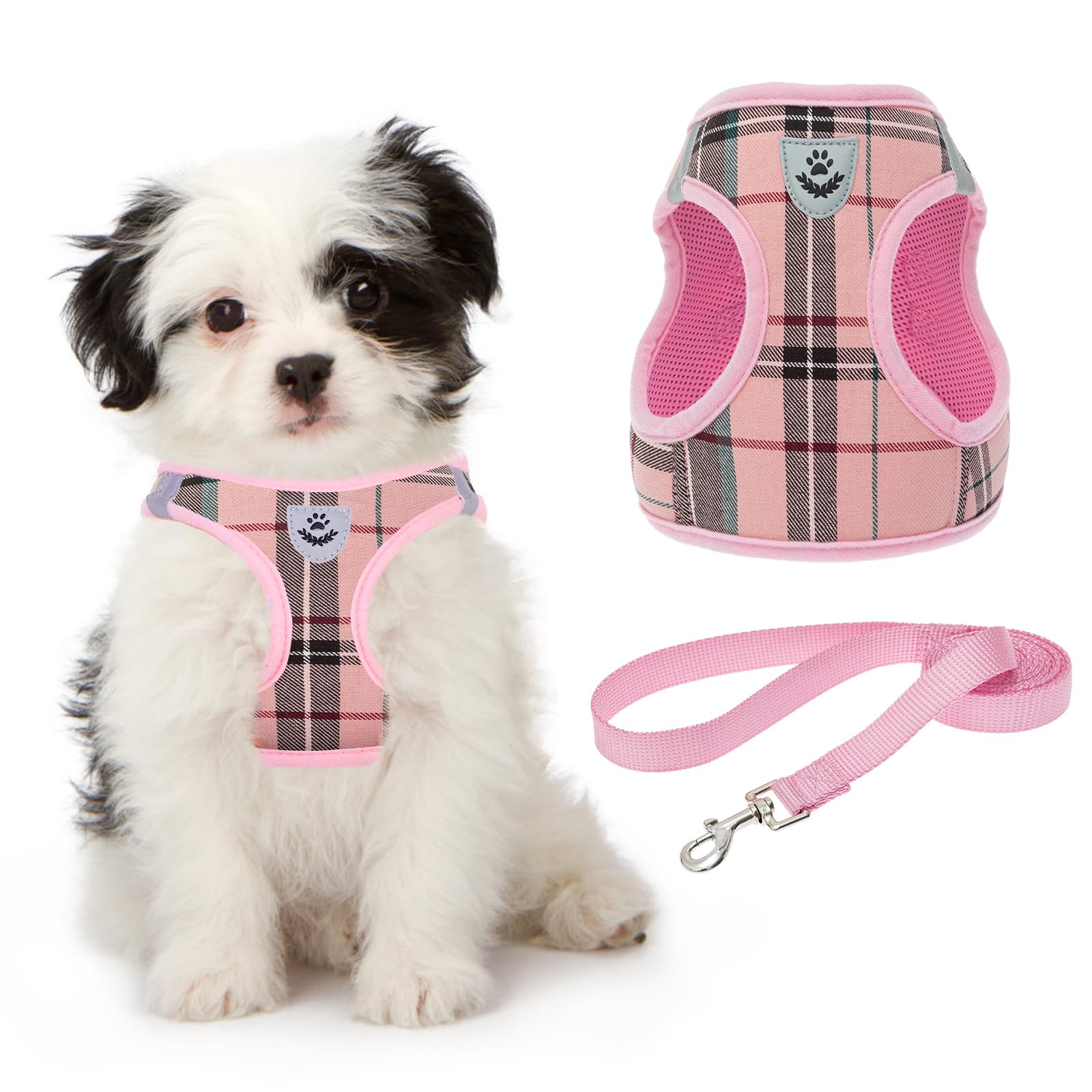 KOOLTAIL Small Dog Harness and Lead Set, Soft Mesh Plaid Puppy Harness with Safety Buckle, Adjustable & Comfortable Padded Refle