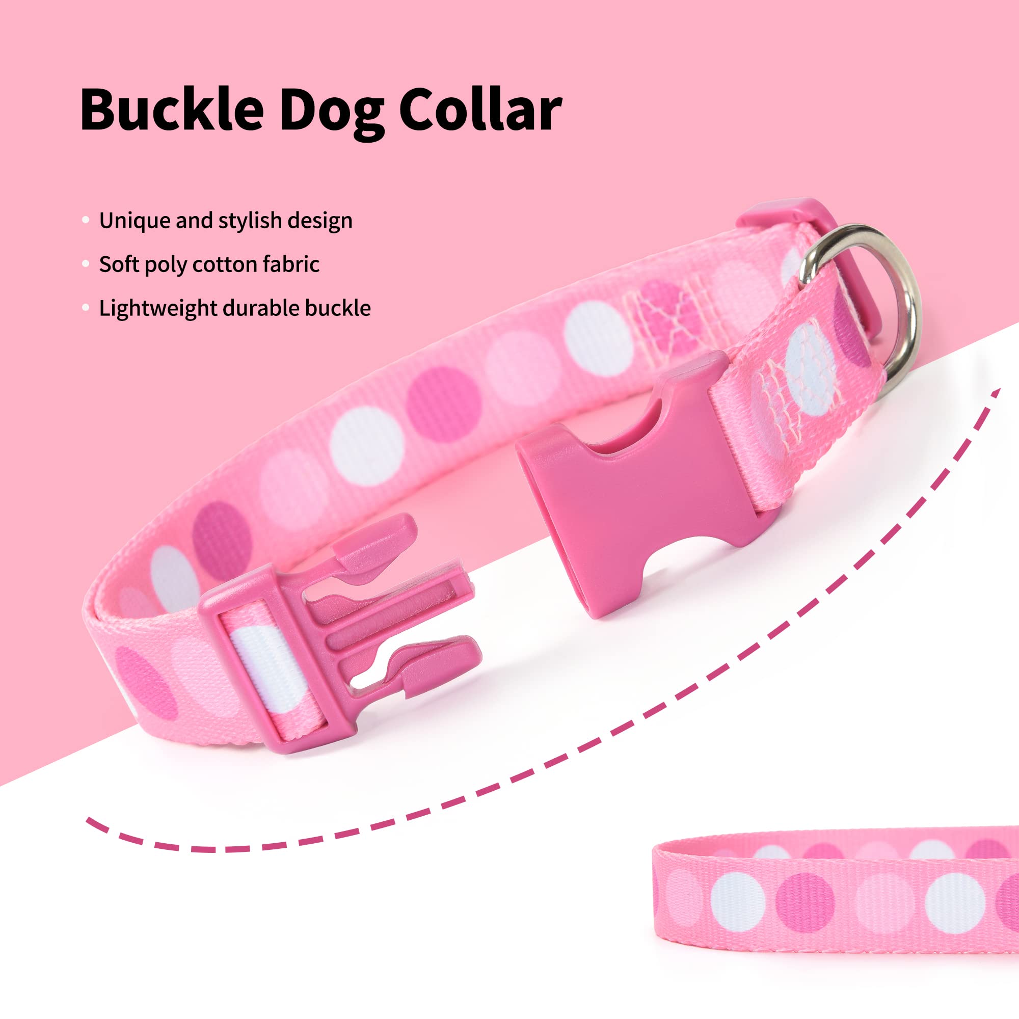 Mile High Life Dog Collar | Cute Puppy Collars | Lightweight Girl Dog Collar | Soft Boy Dog Collars | W Geometric Plaid Wave Line Pattern (Pink Big Dots, Large)