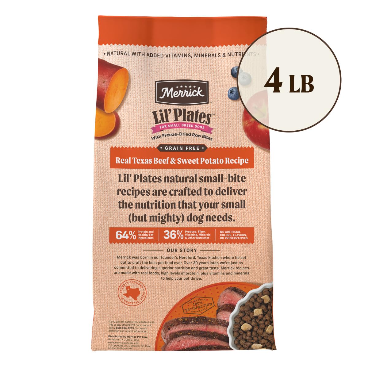 Merrick Lil Plates Grain Free Dry Dog Food For Small Dogs, Texas Beef And Sweet Potato Kibble With Raw Bites - 4.0 lb. Bag